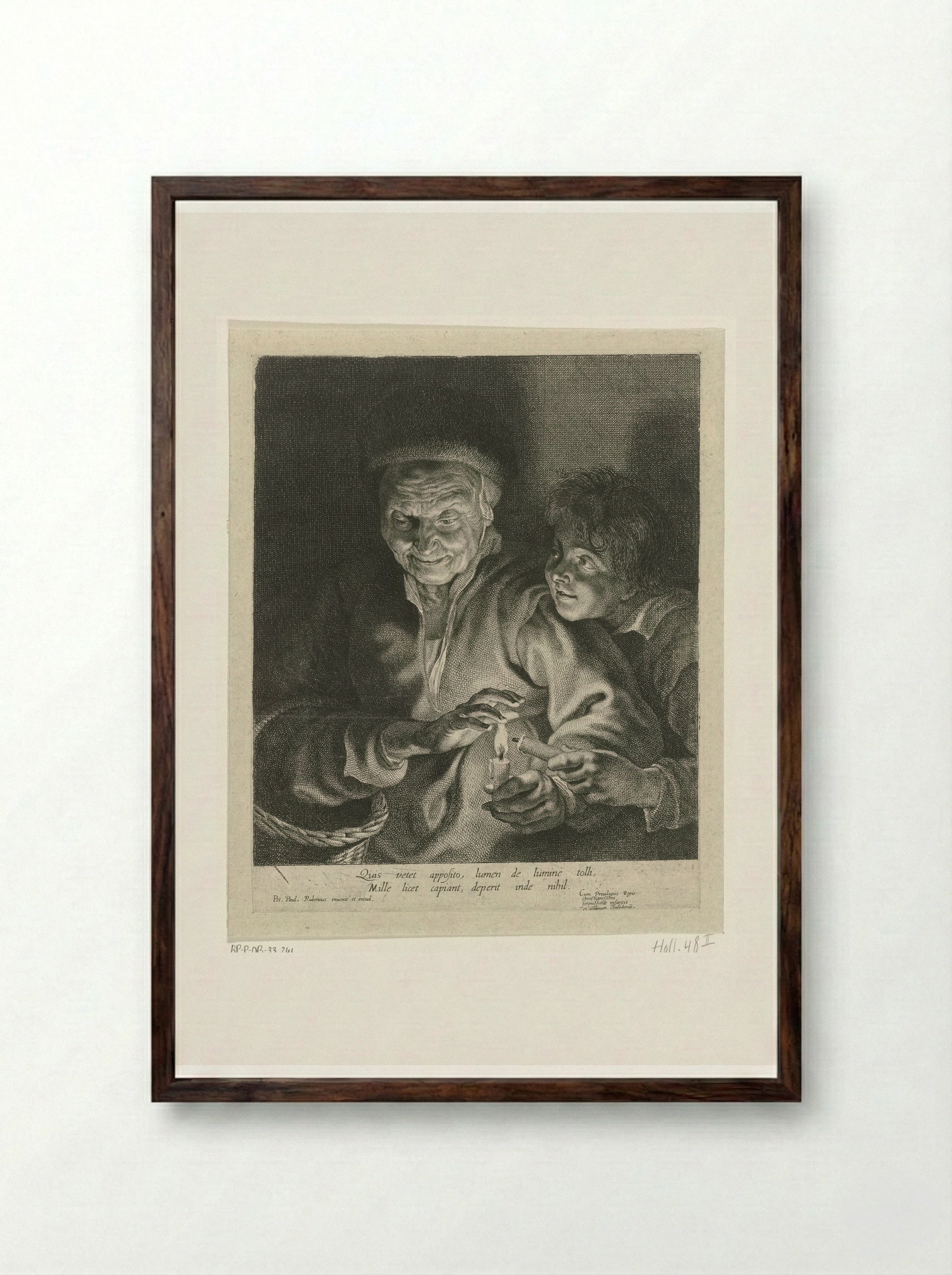 An Old Woman and a Boy with Candles - Paulus Pontius - Framed Print Dark Wood