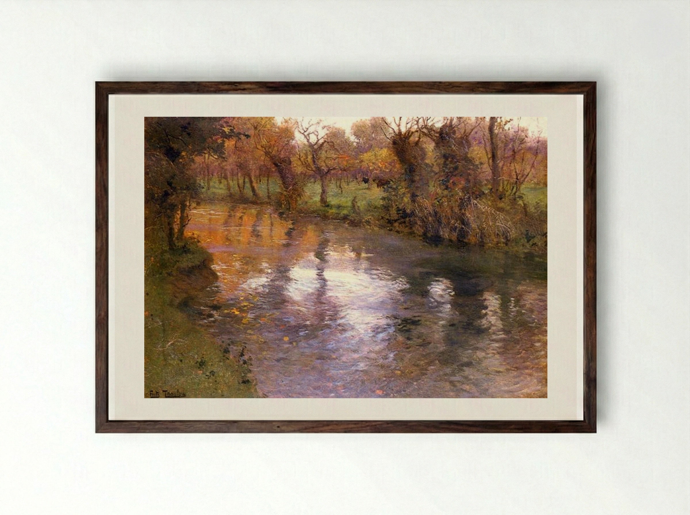 An Orchard on the Banks of a River - Frits Thaulow - Framed Print Dark Wood