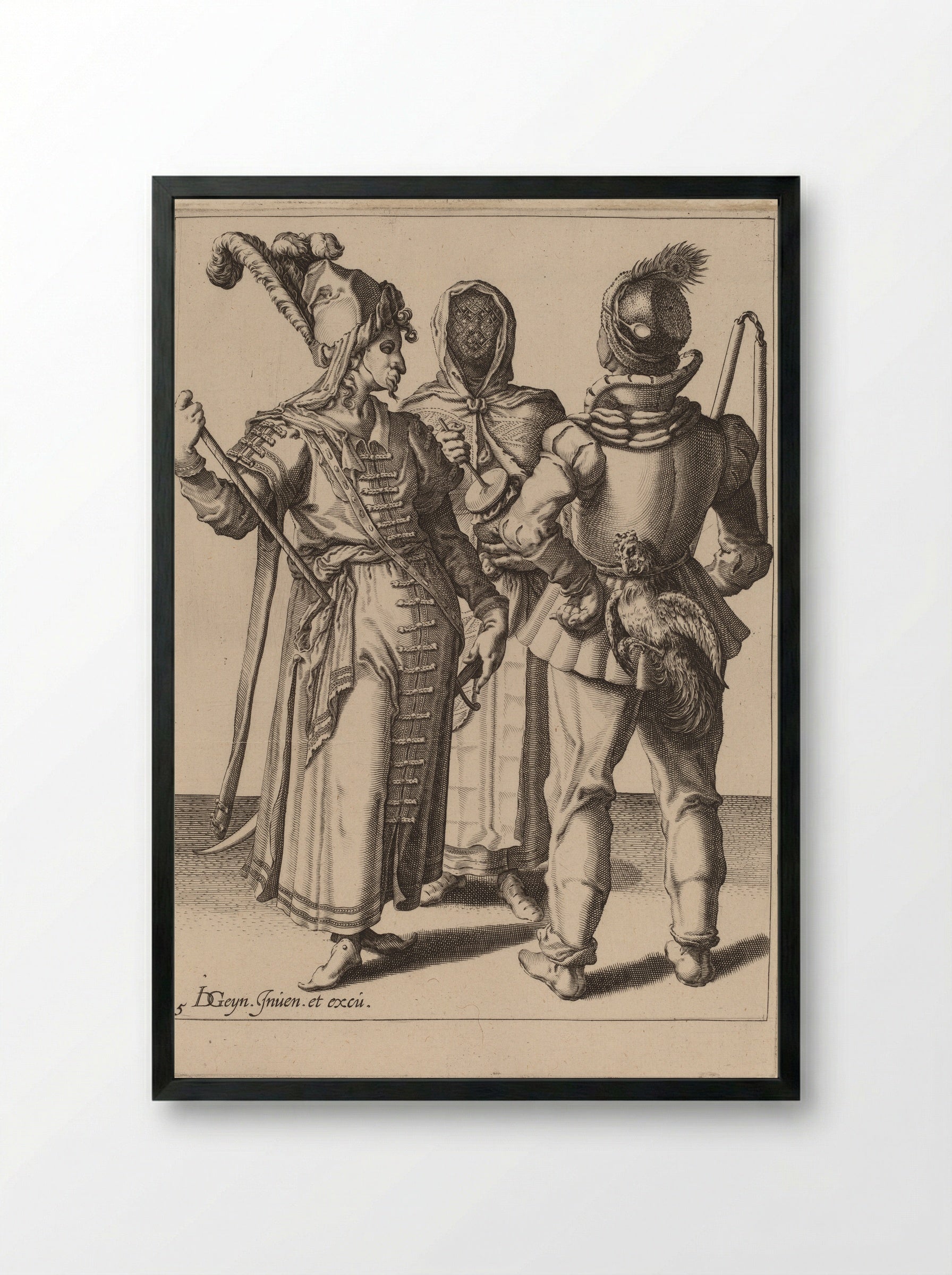 An Oriental Grandee, a Peasant with a Cock attached to his Belt and a Veiled Woman Playing the Rumbling-Pot - Zacharias Dolendo - Framed Print Black