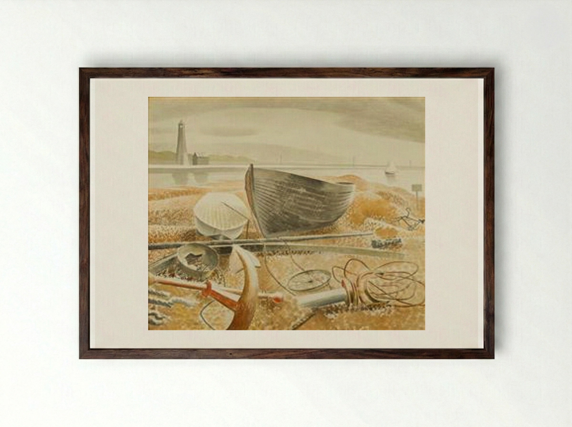 Anchor and Boats, Rye - Eric Ravilious - Framed Print Dark Wood