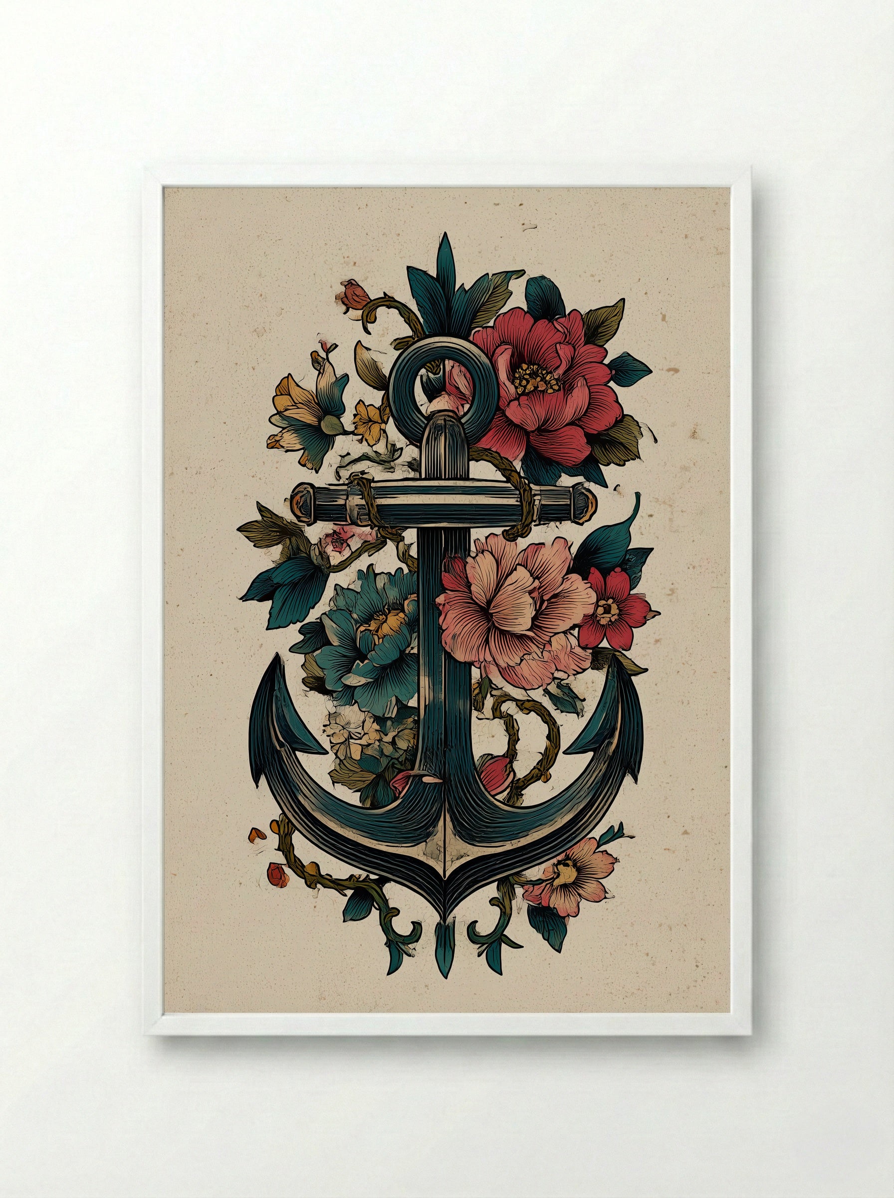 Anchor with Floral Motifs - Vintage Tattoo Inspired Print - Framed Print White