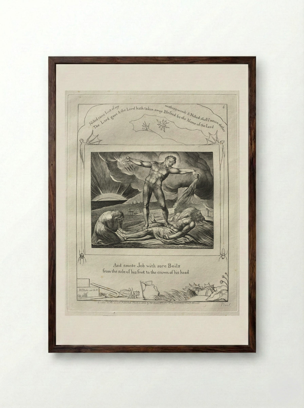 And Smote Job with Sore Boils from the Sole of His Foot to the Crown of His Head - William Blake - Framed Print Dark Wood