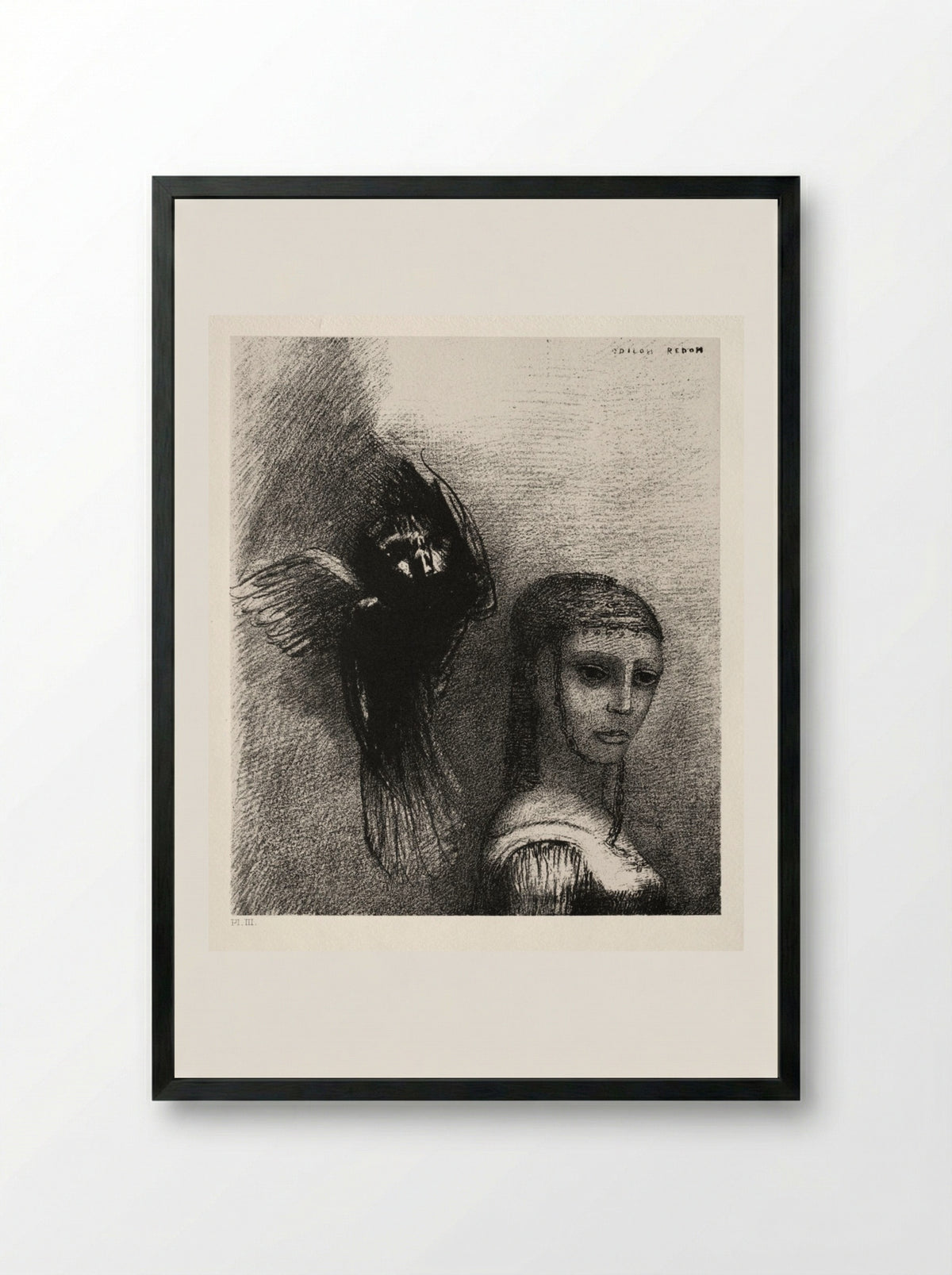 And a Large Bird, Descending from the Sky, Hurls Itself against the Topmost Point of Her Hair - Odilon Redon - Framed Print Black