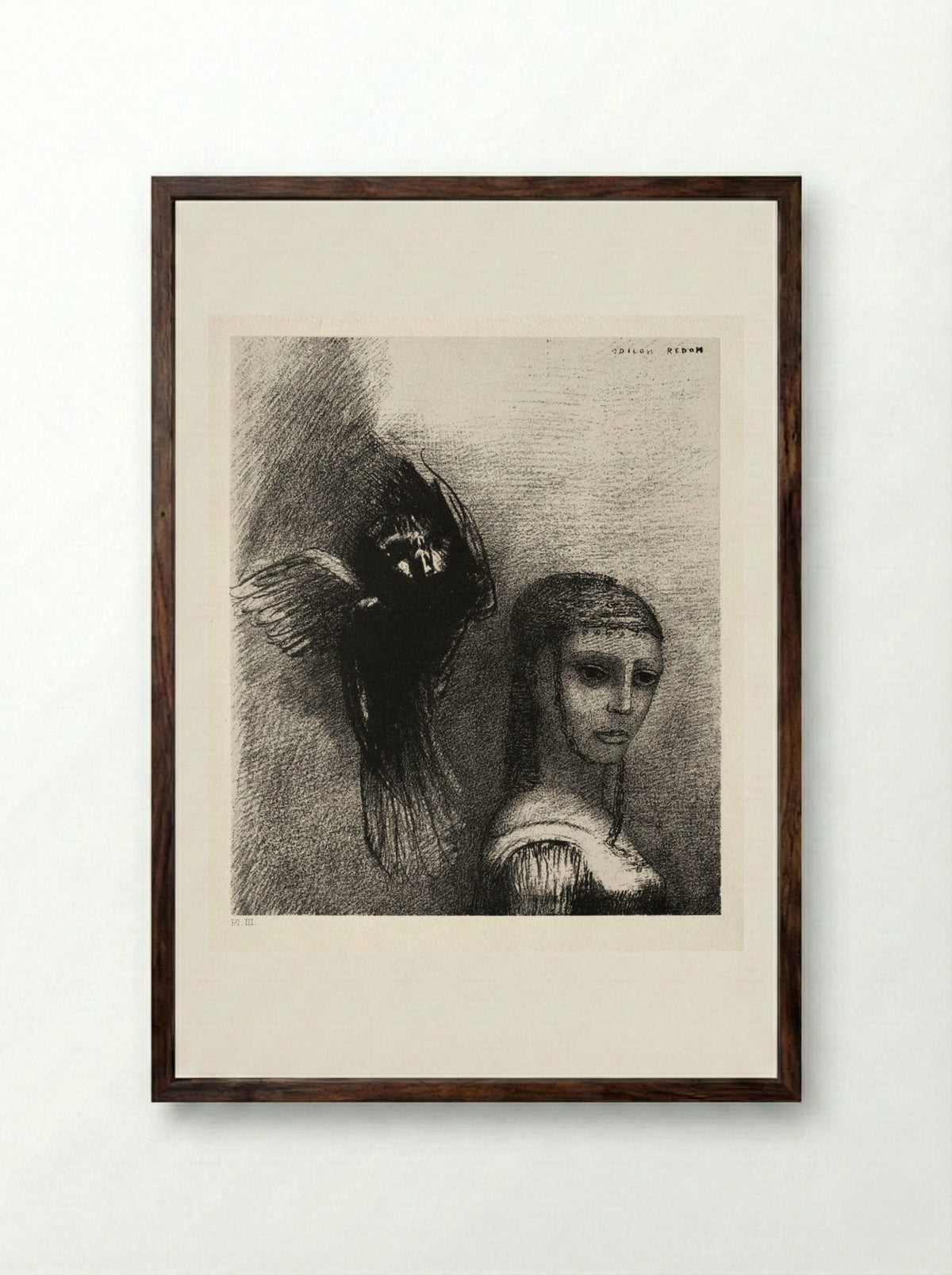 And a Large Bird, Descending from the Sky, Hurls Itself against the Topmost Point of Her Hair - Odilon Redon - Framed Print Dark Wood