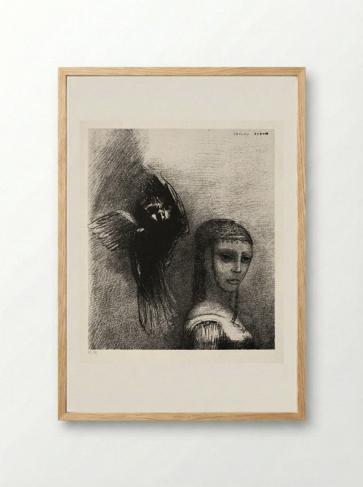 And a Large Bird, Descending from the Sky, Hurls Itself against the Topmost Point of Her Hair - Odilon Redon - Framed Print Wood
