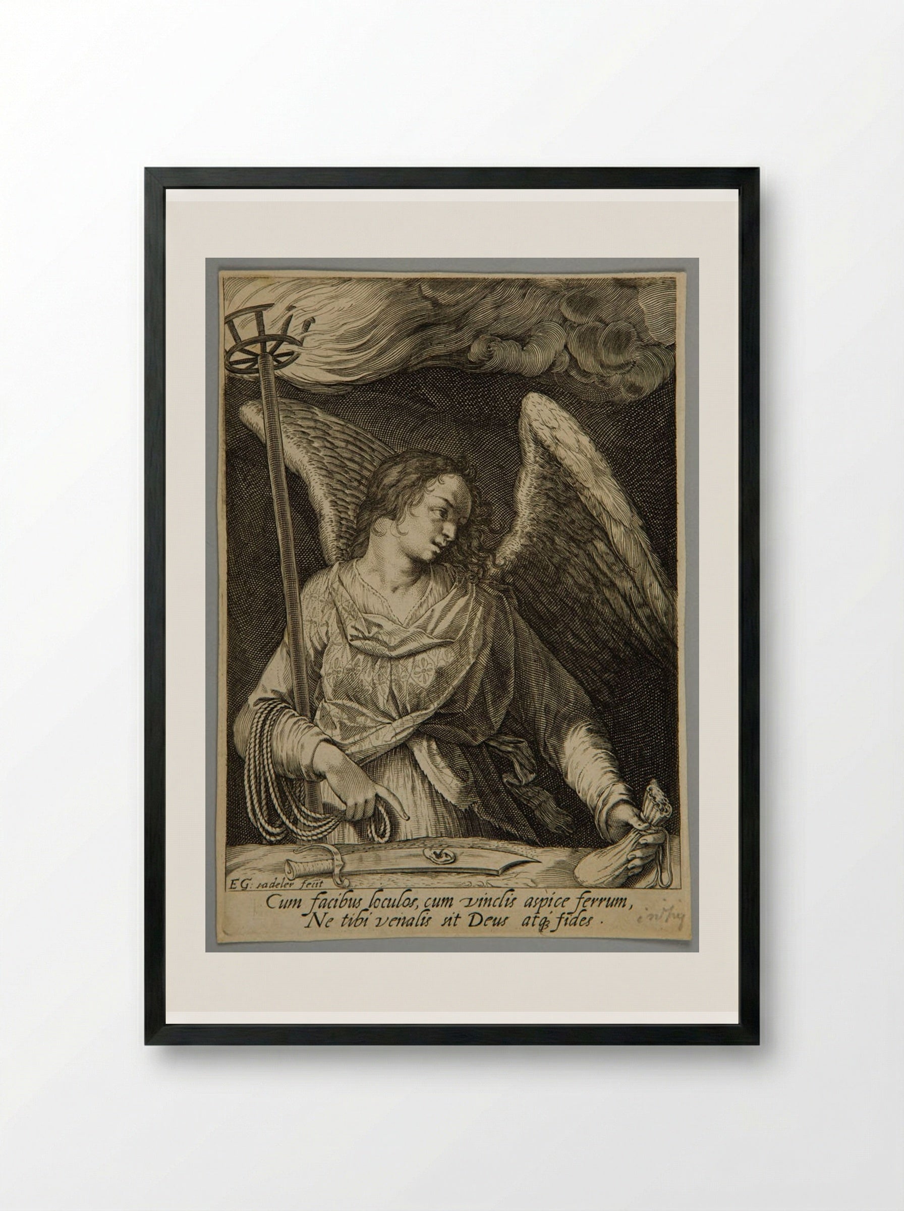 Angel with Peter's sword, the purse, and the torch - Aegidius Sadeler II - Framed Print Black