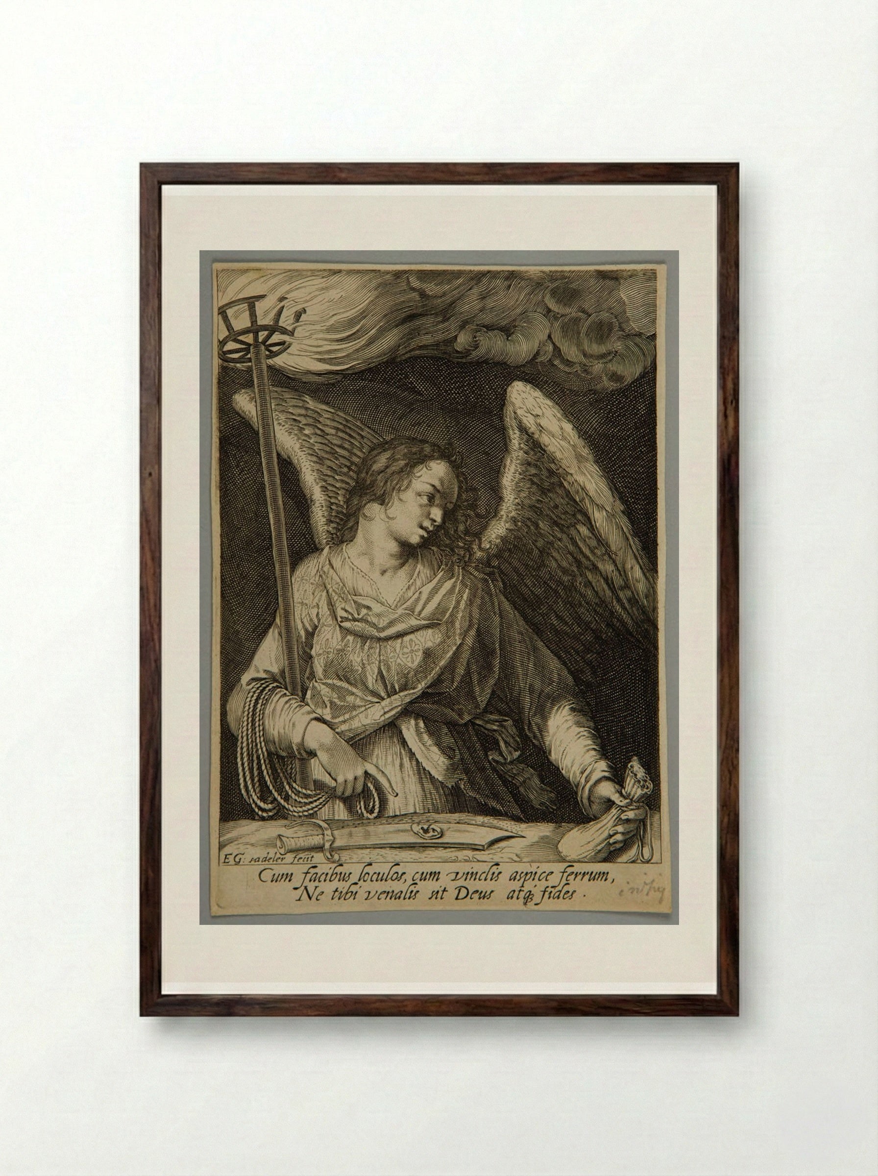 Angel with Peter's sword, the purse, and the torch - Aegidius Sadeler II - Framed Print Dark Wood
