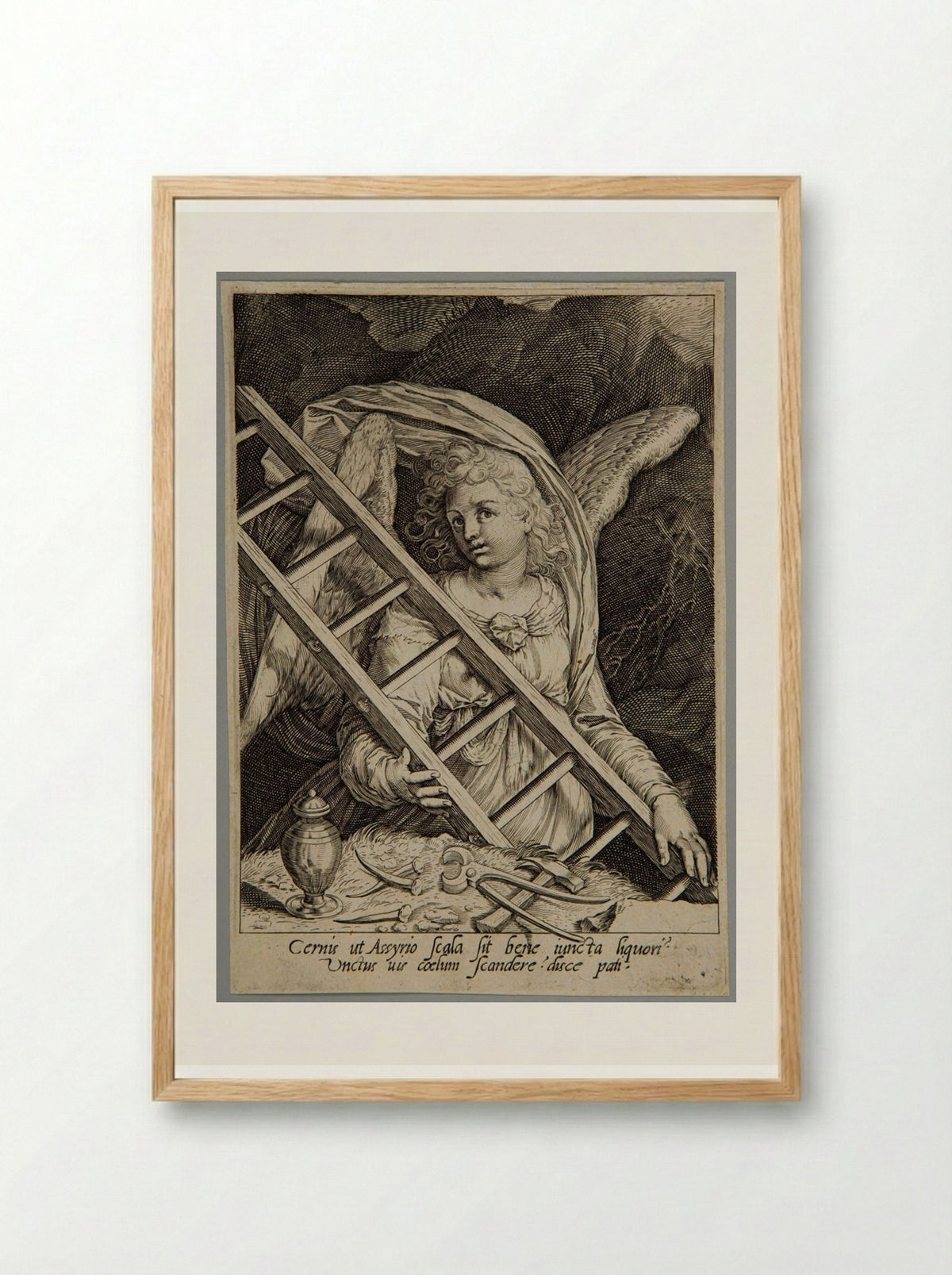 Angel with the ladder, the hammers, nails and gallipot - Aegidius Sadeler II - Framed Print Wood