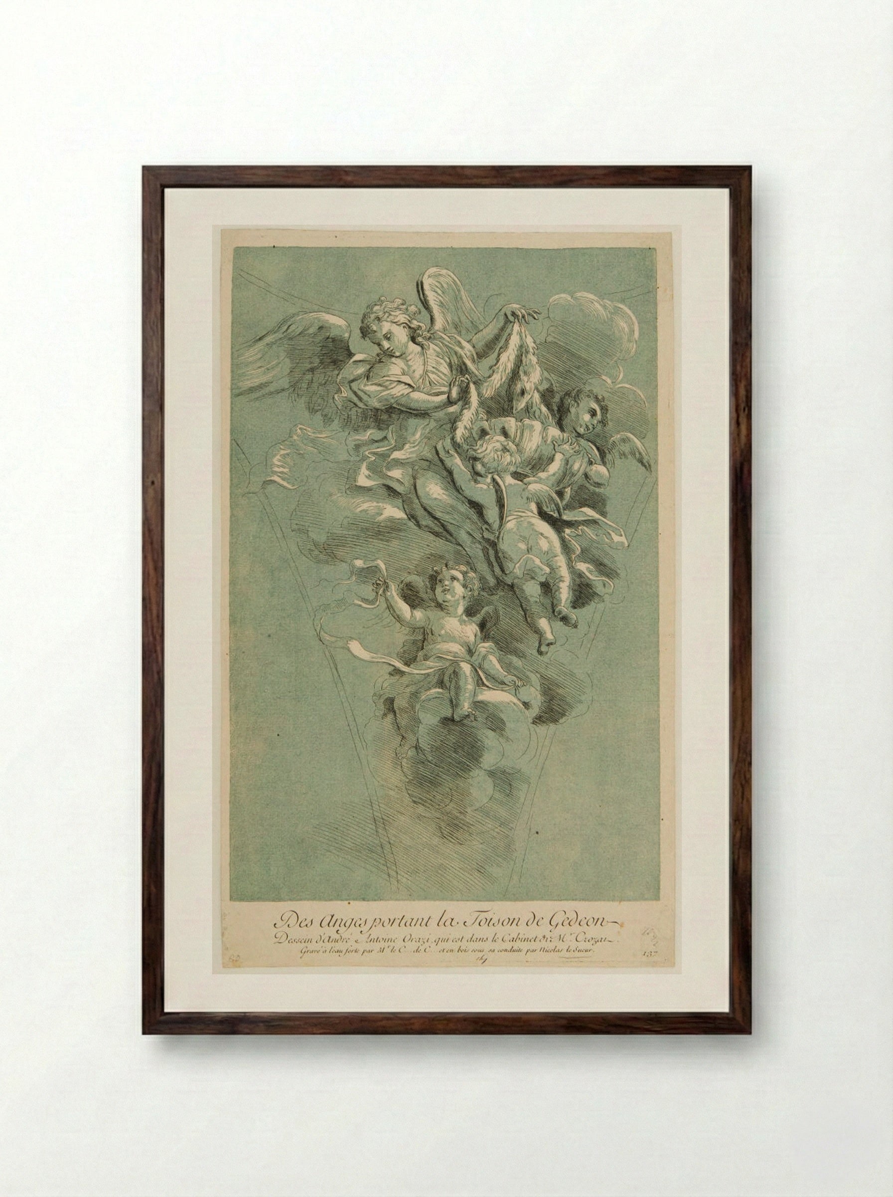 Angels Carrying Gideon's Fleece - Nicolas Le Sueur - Framed Print Dark Wood