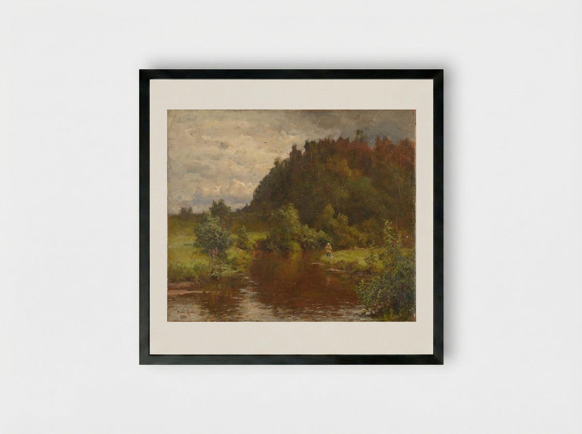 Angler by a River - Julius Sergius von Klever - Framed Print Black