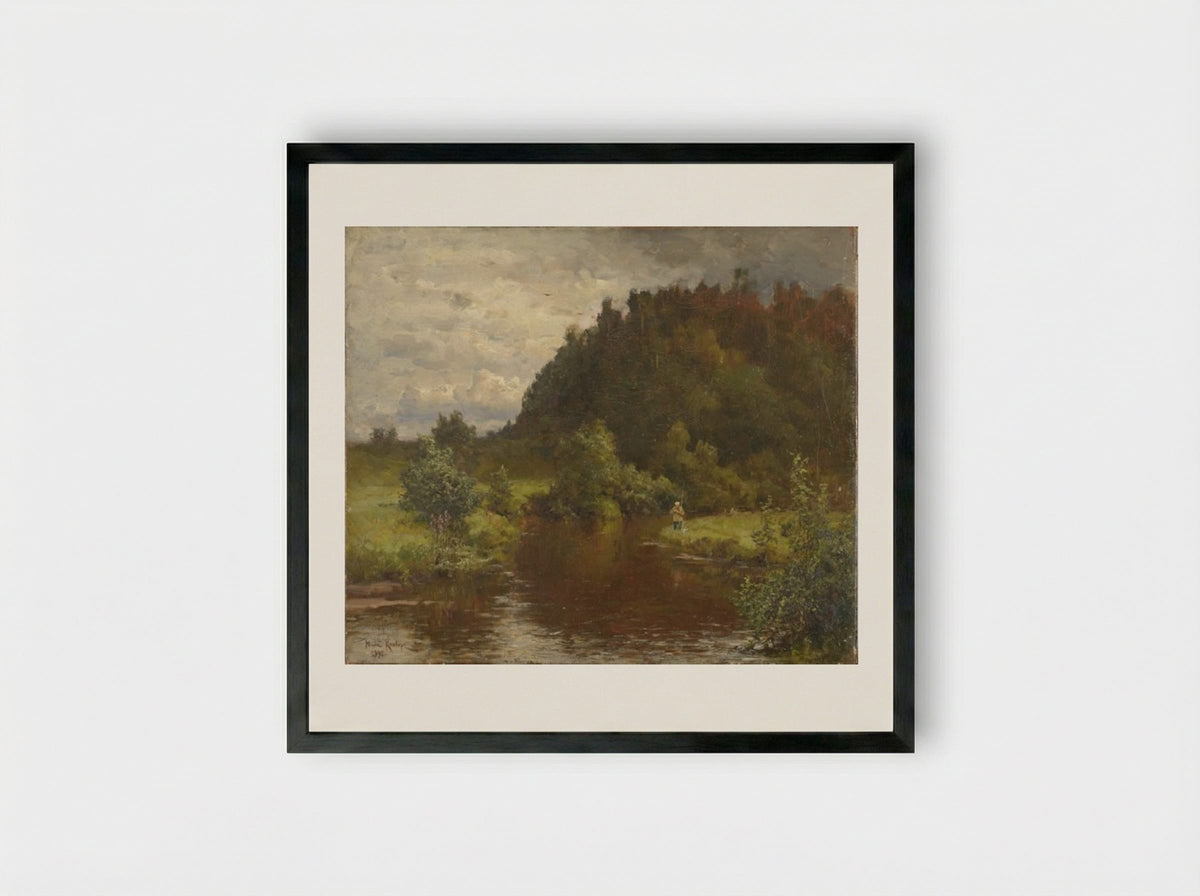 Angler by a River - Julius Sergius von Klever - Framed Print Black