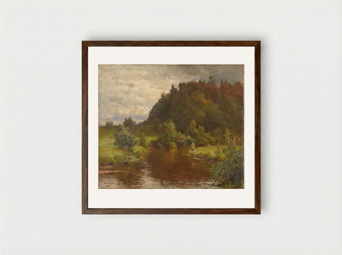 Angler by a River - Julius Sergius von Klever - Framed Print Dark Wood