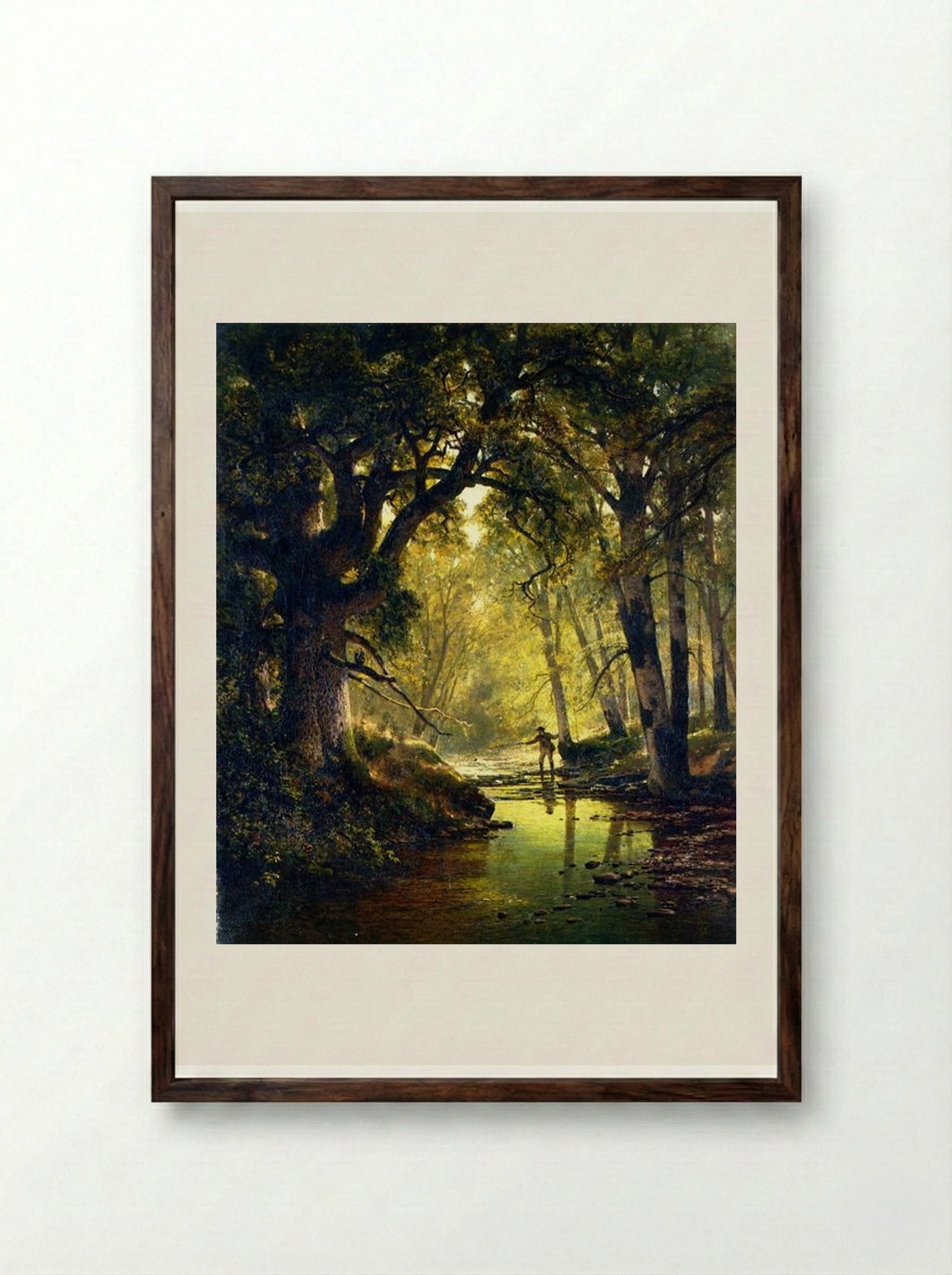 Angler in a Forest Interior - Thomas Hill - Framed Print Dark Wood