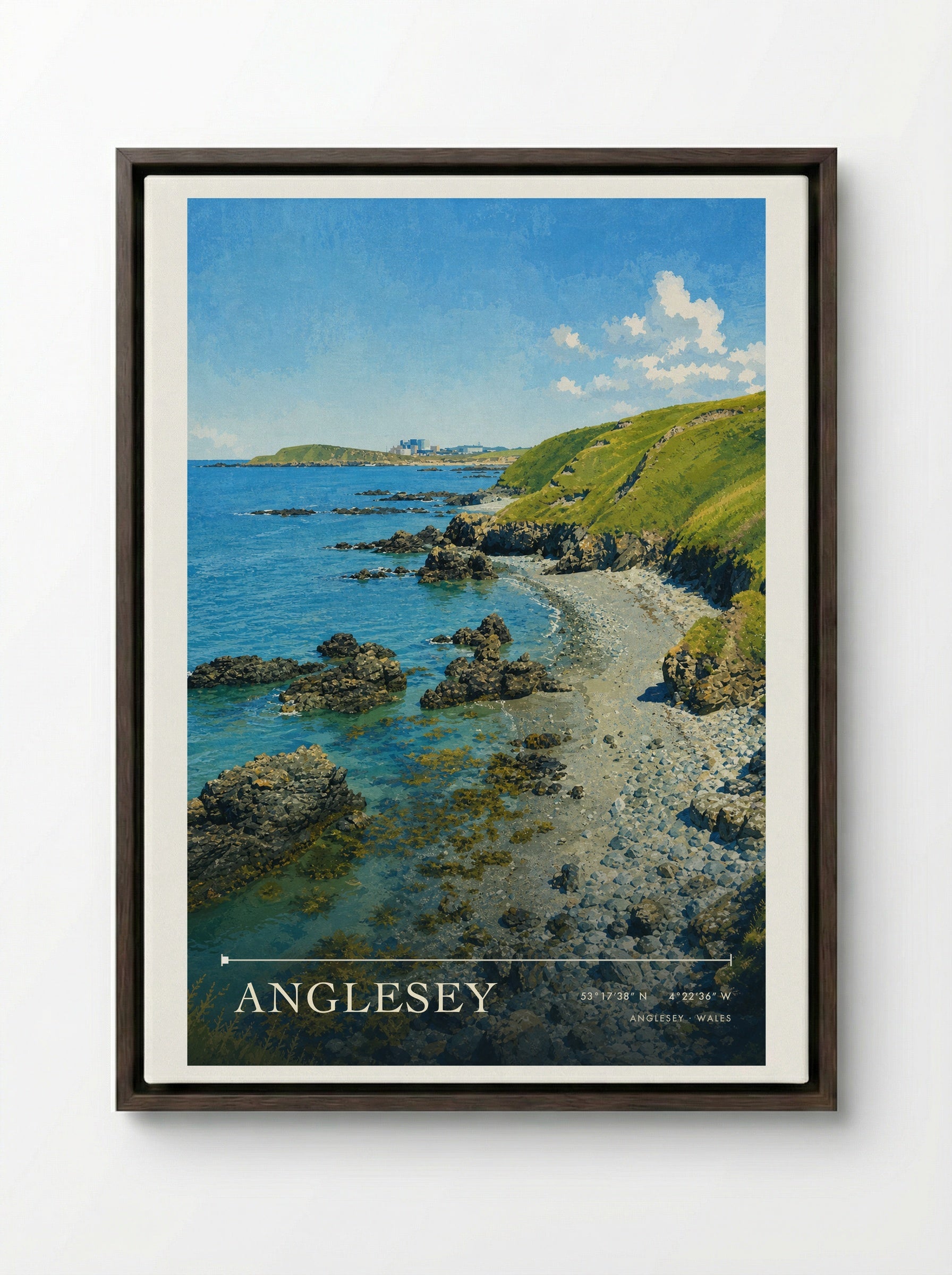 Anglesey Wales Travel Poster - Framed Canvas Dark Wood