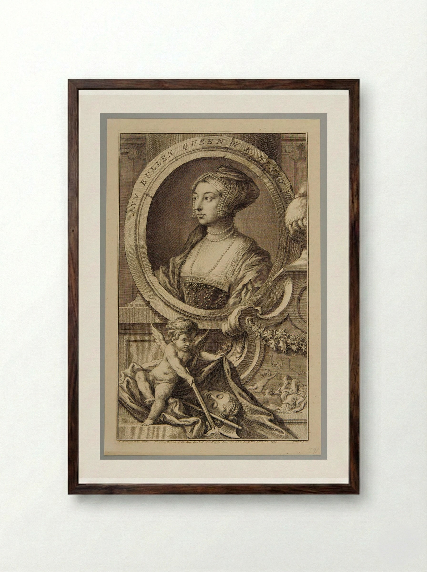 Anne Boleyn, Queen of King Henry VIII - Jacobus Houbraken - Framed Print Dark Wood