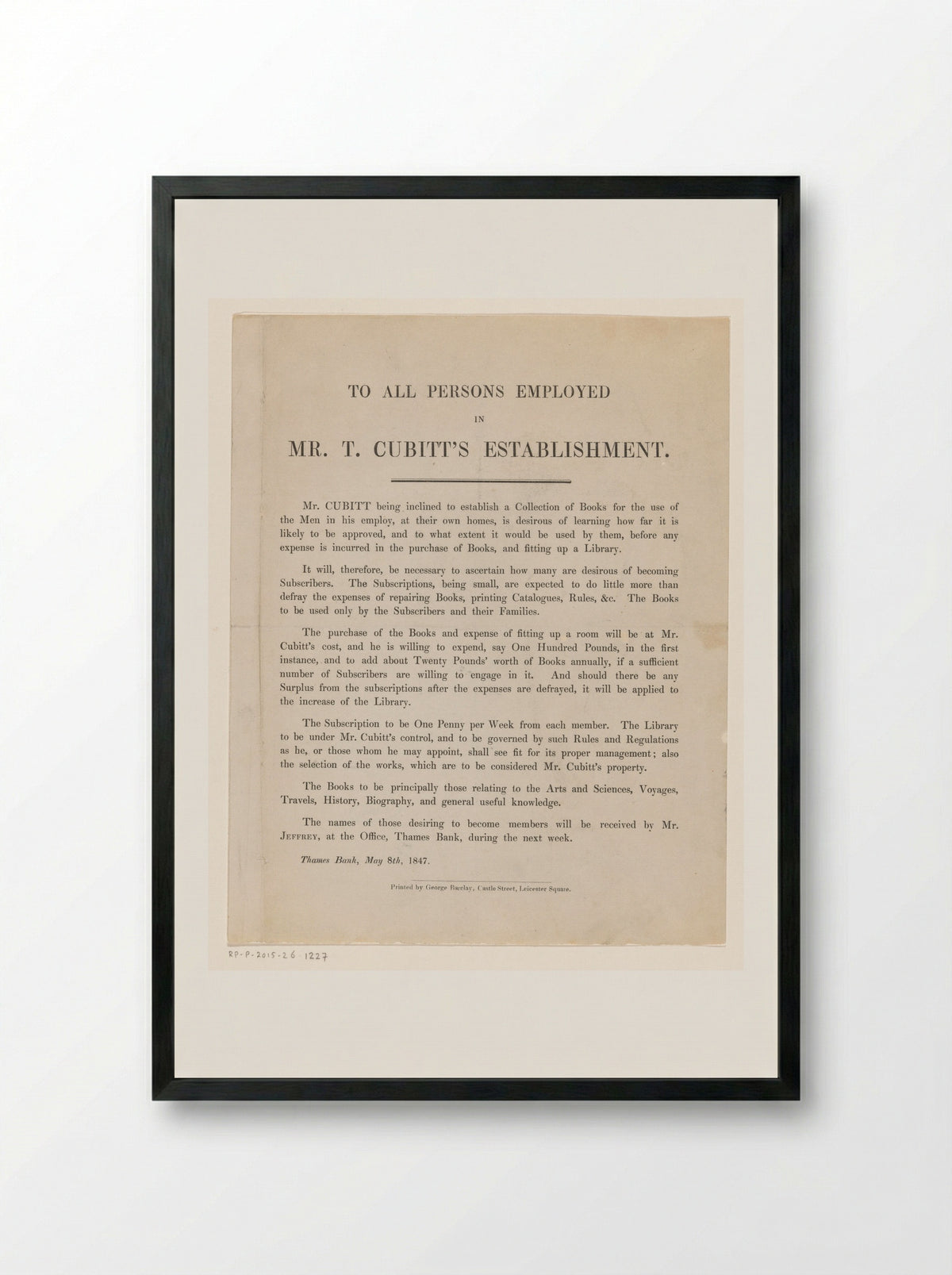 Announcement of the Establishment of a Lending Library by Thomas Cubitt - George Barclay - Framed Print Black