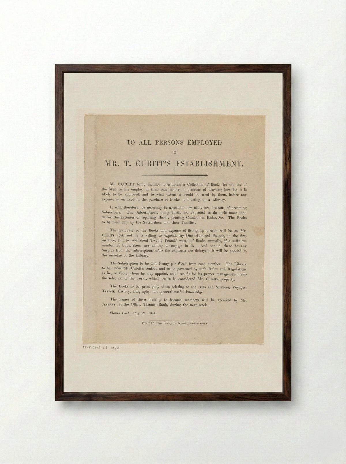 Announcement of the Establishment of a Lending Library by Thomas Cubitt - George Barclay - Framed Print Dark Wood