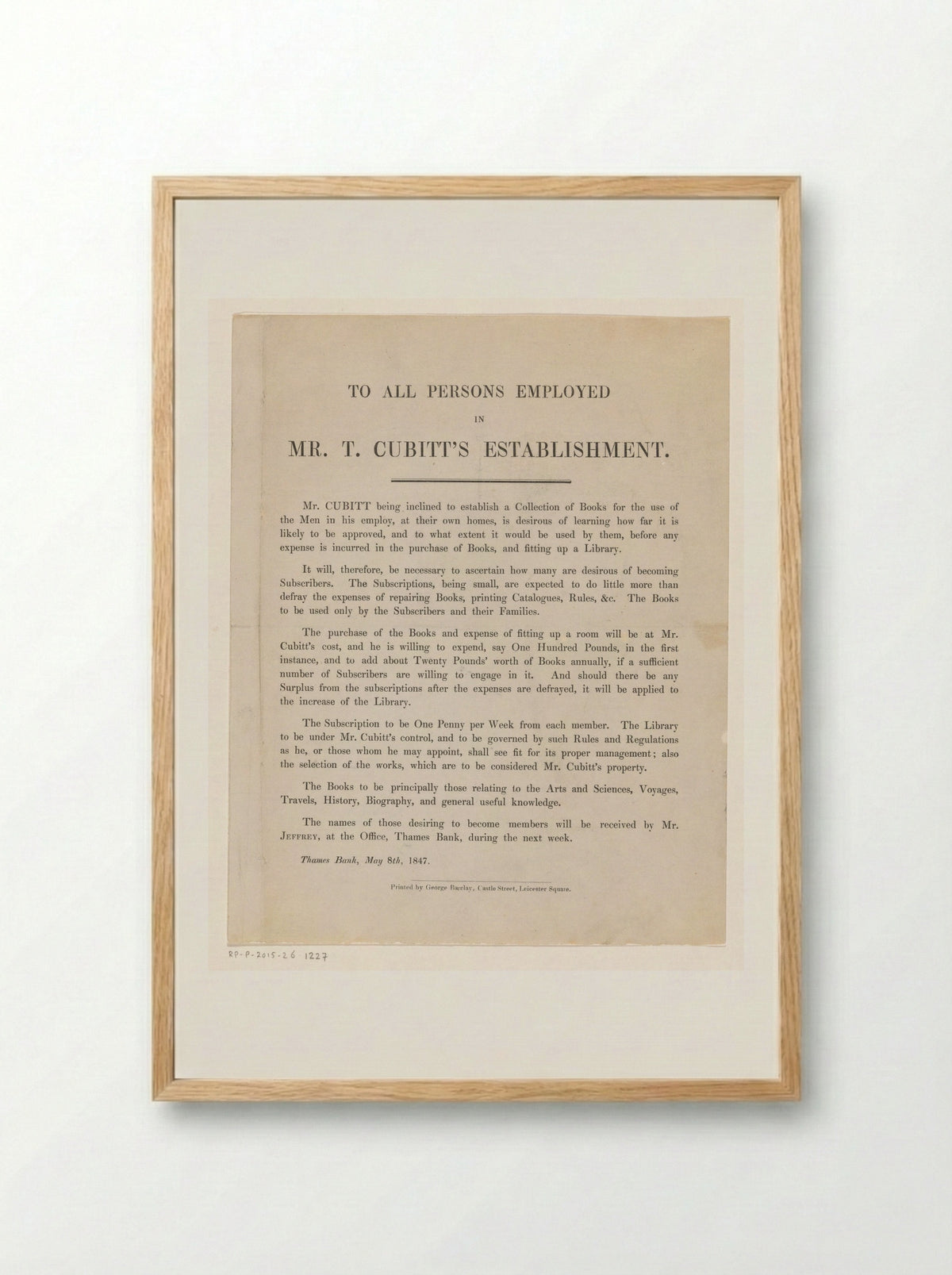 Announcement of the Establishment of a Lending Library by Thomas Cubitt - George Barclay - Framed Print Wood