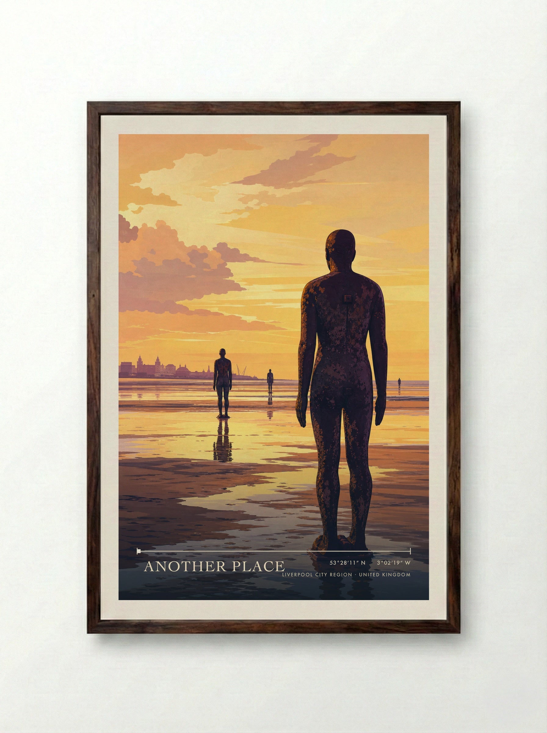 Another Place Liverpool City Region United Kingdom Travel Poster - Framed Print Dark Wood