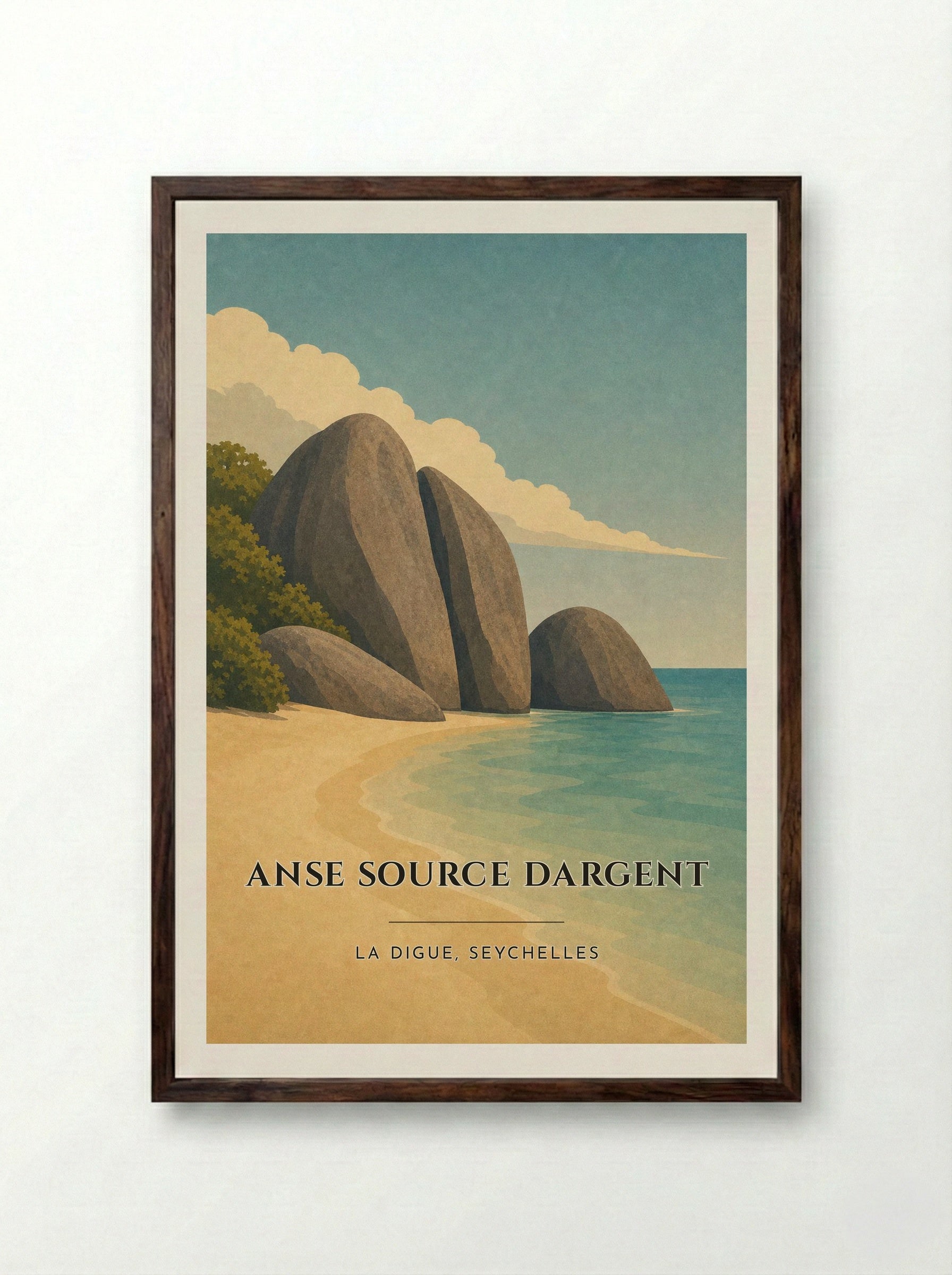 Anse Source dArgent Travel Poster Artwork - Framed Print Dark Wood