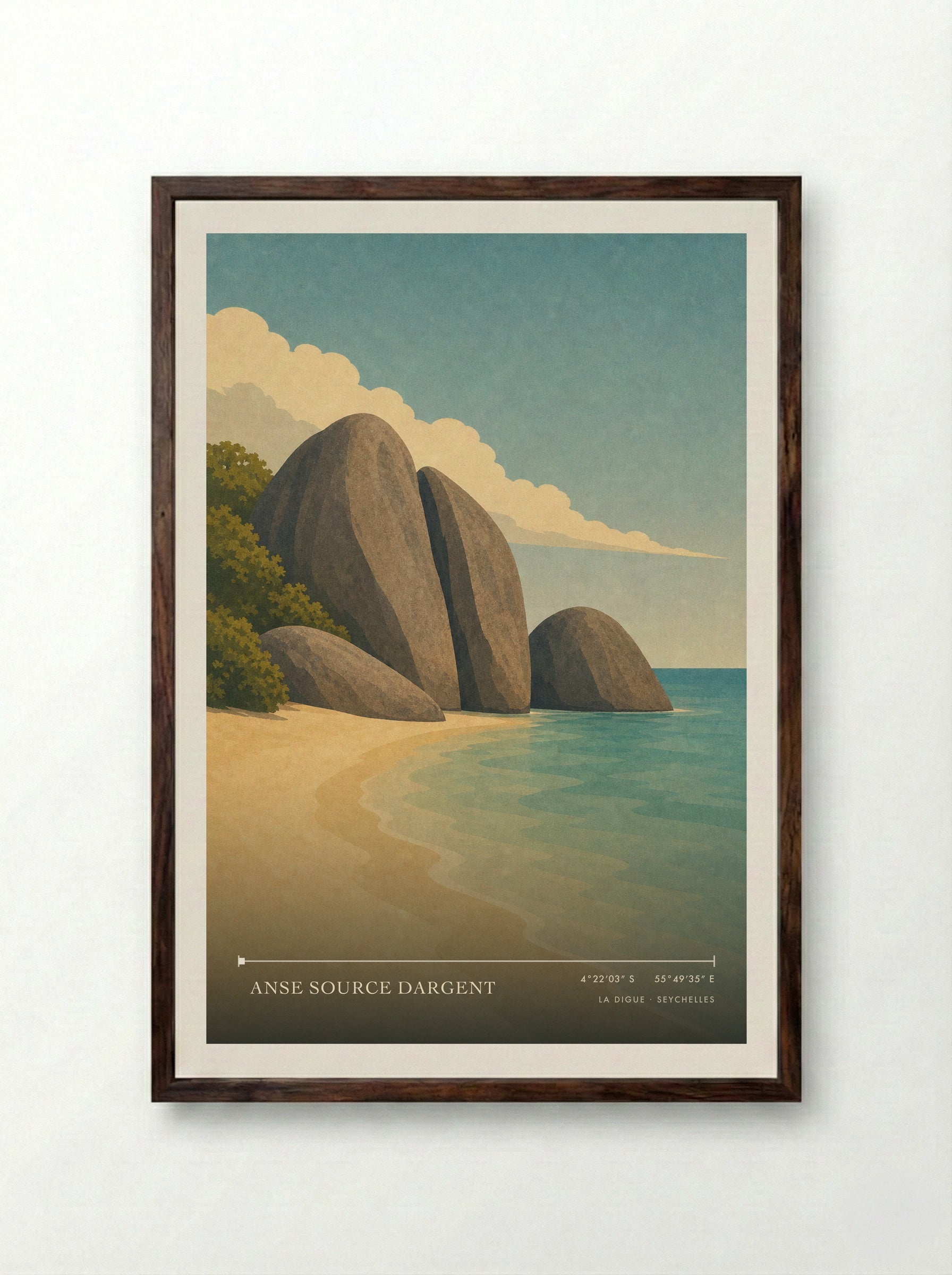 Anse Source dArgent Travel Poster Artwork - Framed Print Dark Wood