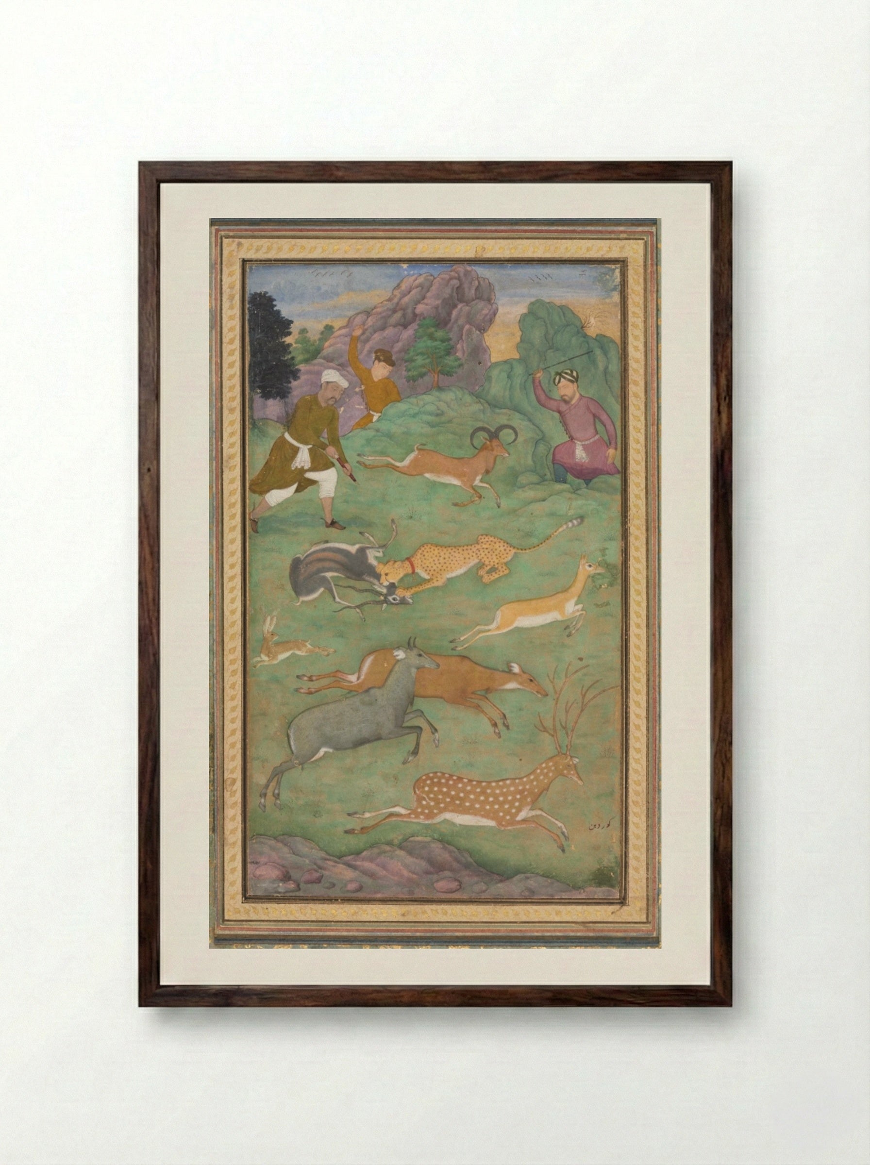 Antelope and Deer Hunt - Govardhan - Framed Print Dark Wood