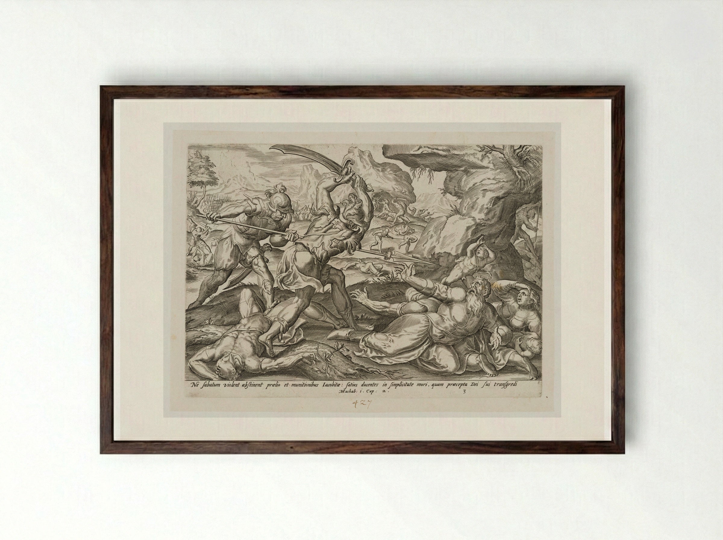 Antiochus's Army Killing the Jews During the Sabbath - Johannes Wierix - Framed Print Dark Wood