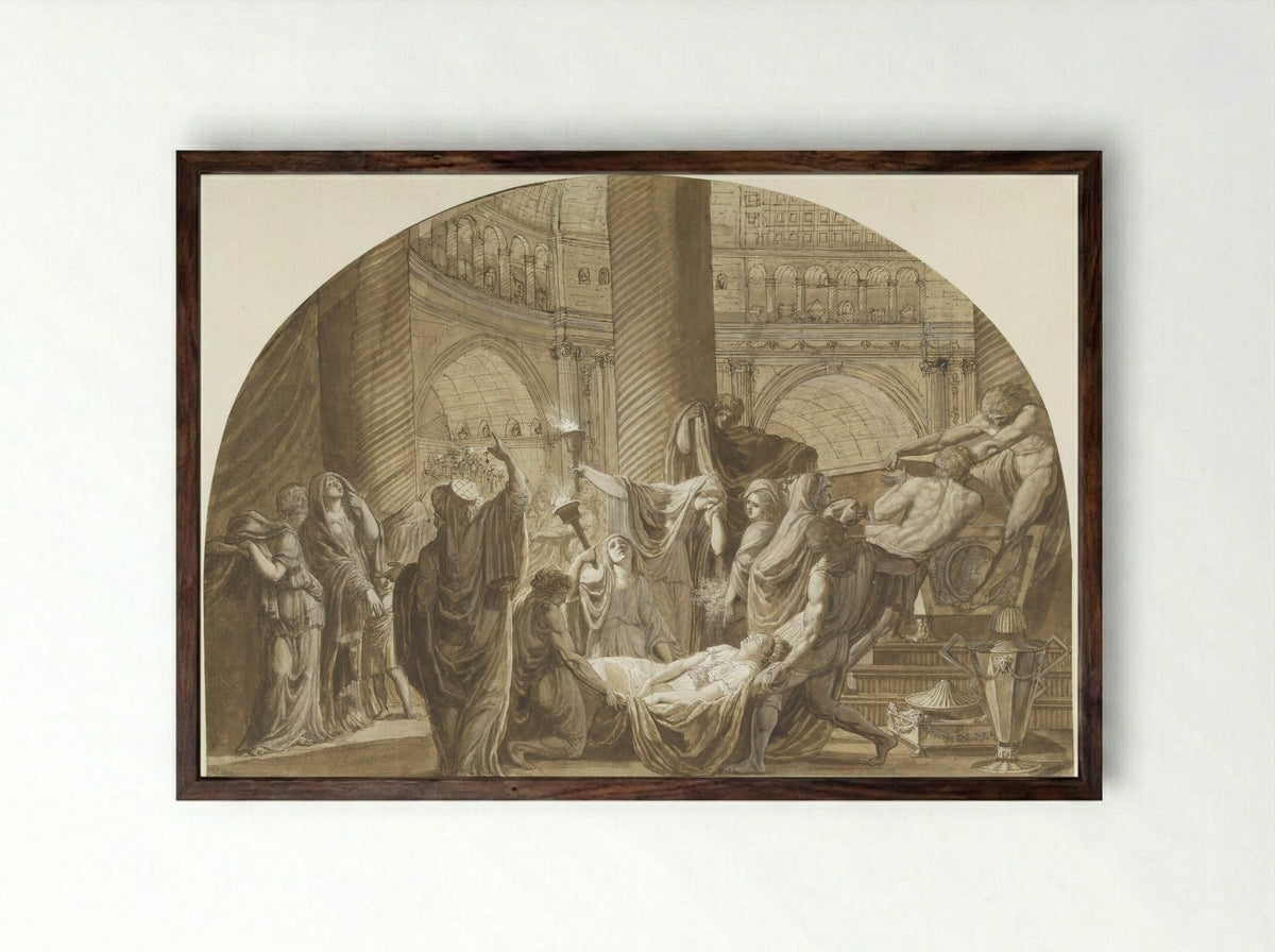 Antique Funeral Scene in a Mausoleum - Luigi Ademollo - Framed Print Dark Wood