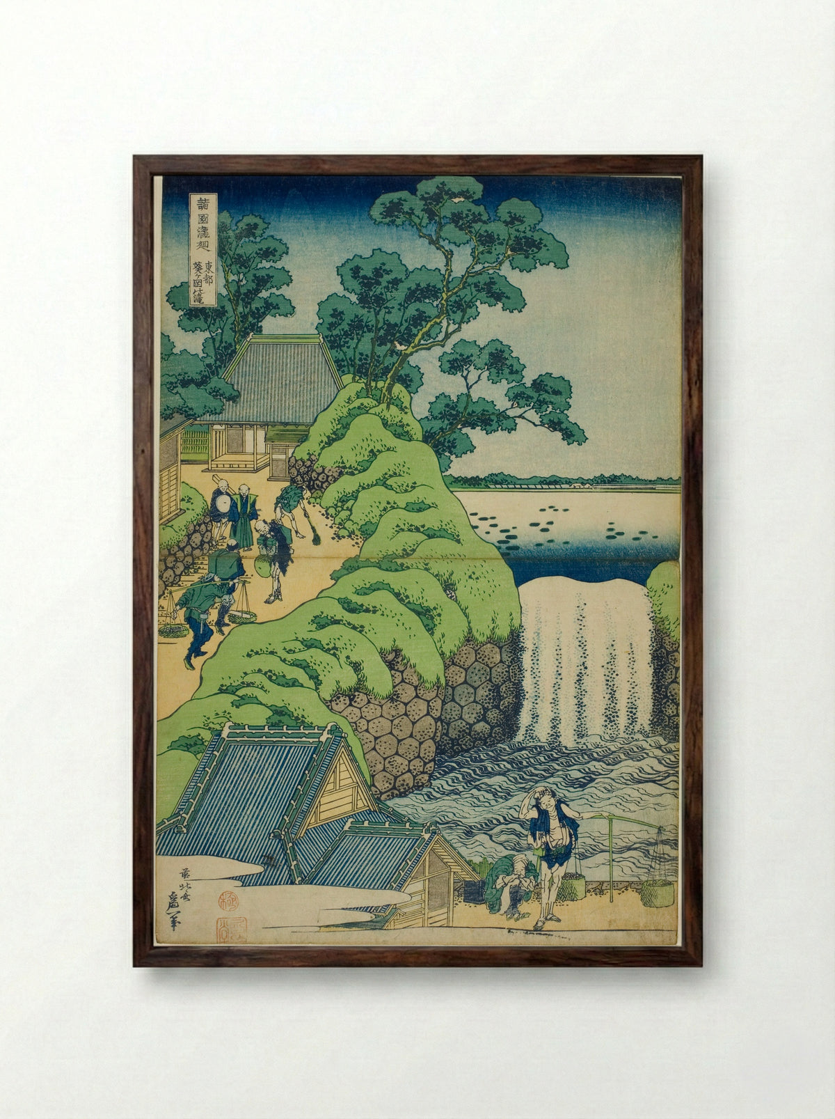 Aoigaoka Falls in the Eastern Capital - Katsushika Hokusai - Framed Print Dark Wood