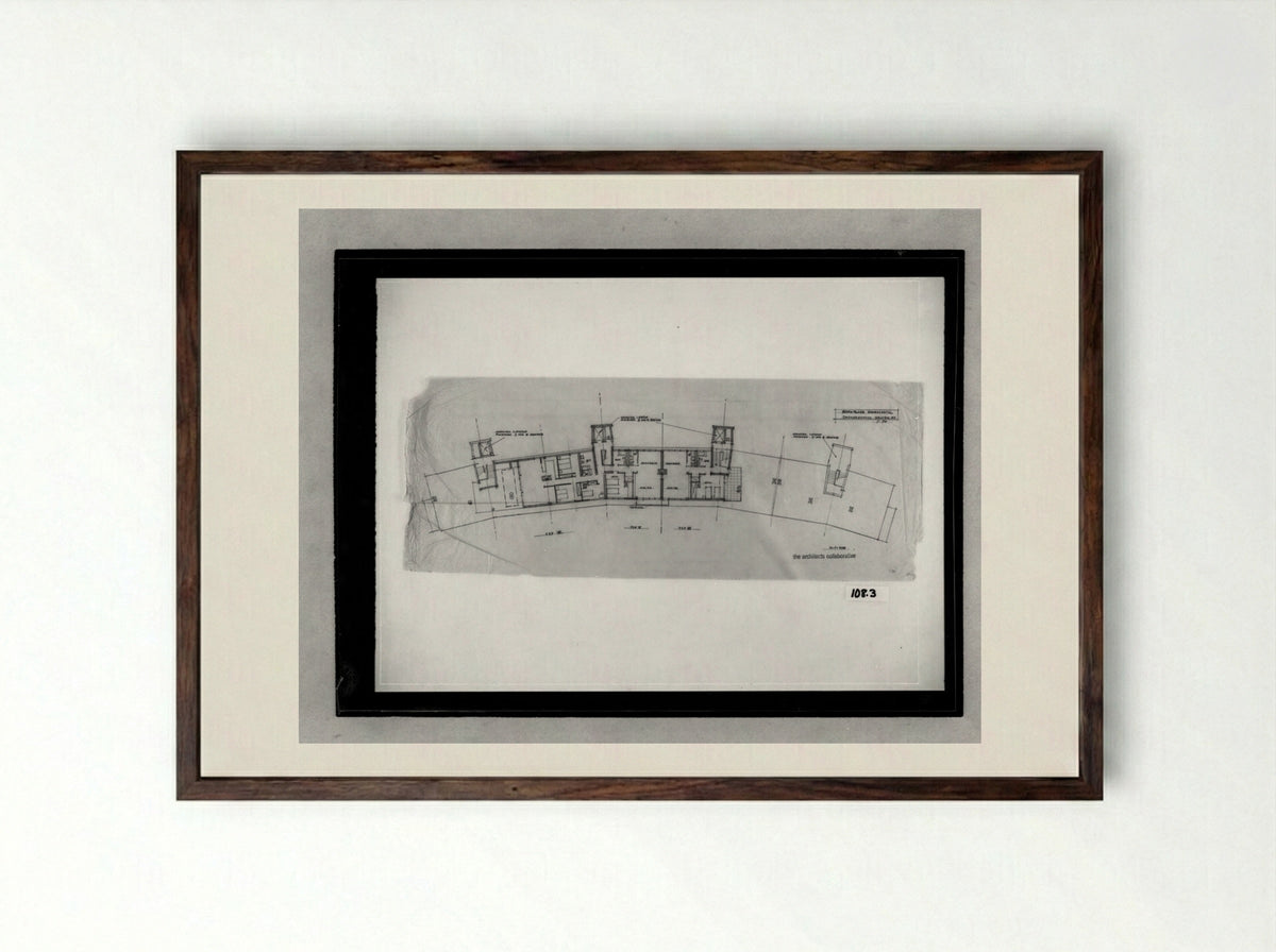 Apartment House for Interbau Exhibition, Berlin-Hansaviertel: Penthouse floor plan - Walter Gropius - Framed Print Dark Wood