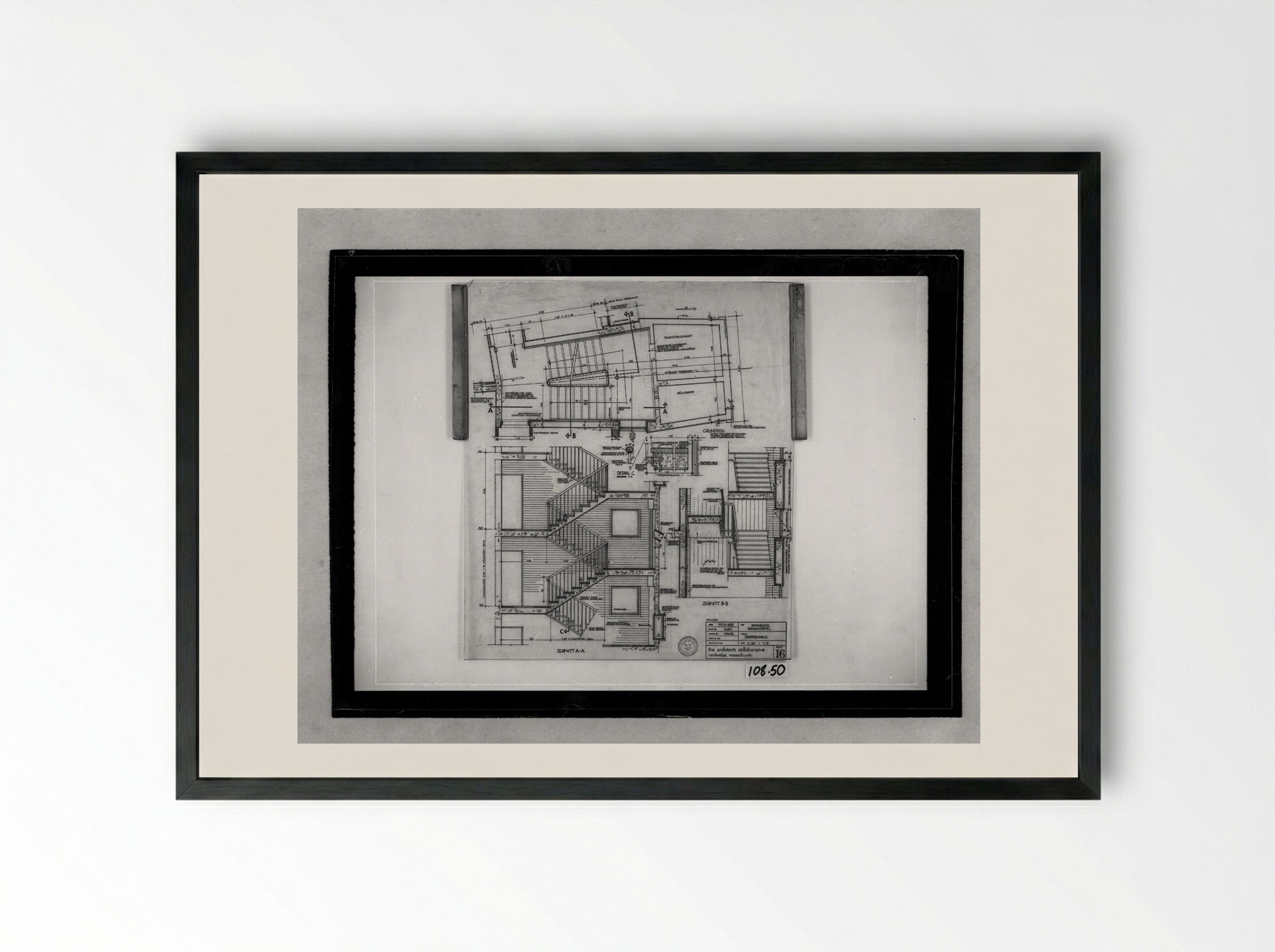Apartment House for Interbau Exhibition, Berlin-Hansaviertel: Staircase Plan and Sections - Walter Gropius - Framed Print Black