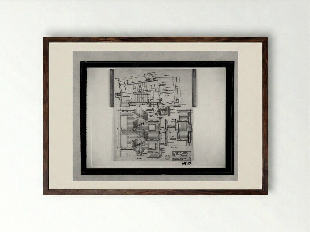 Apartment House for Interbau Exhibition, Berlin-Hansaviertel: Staircase Plan and Sections - Walter Gropius - Framed Print Dark Wood