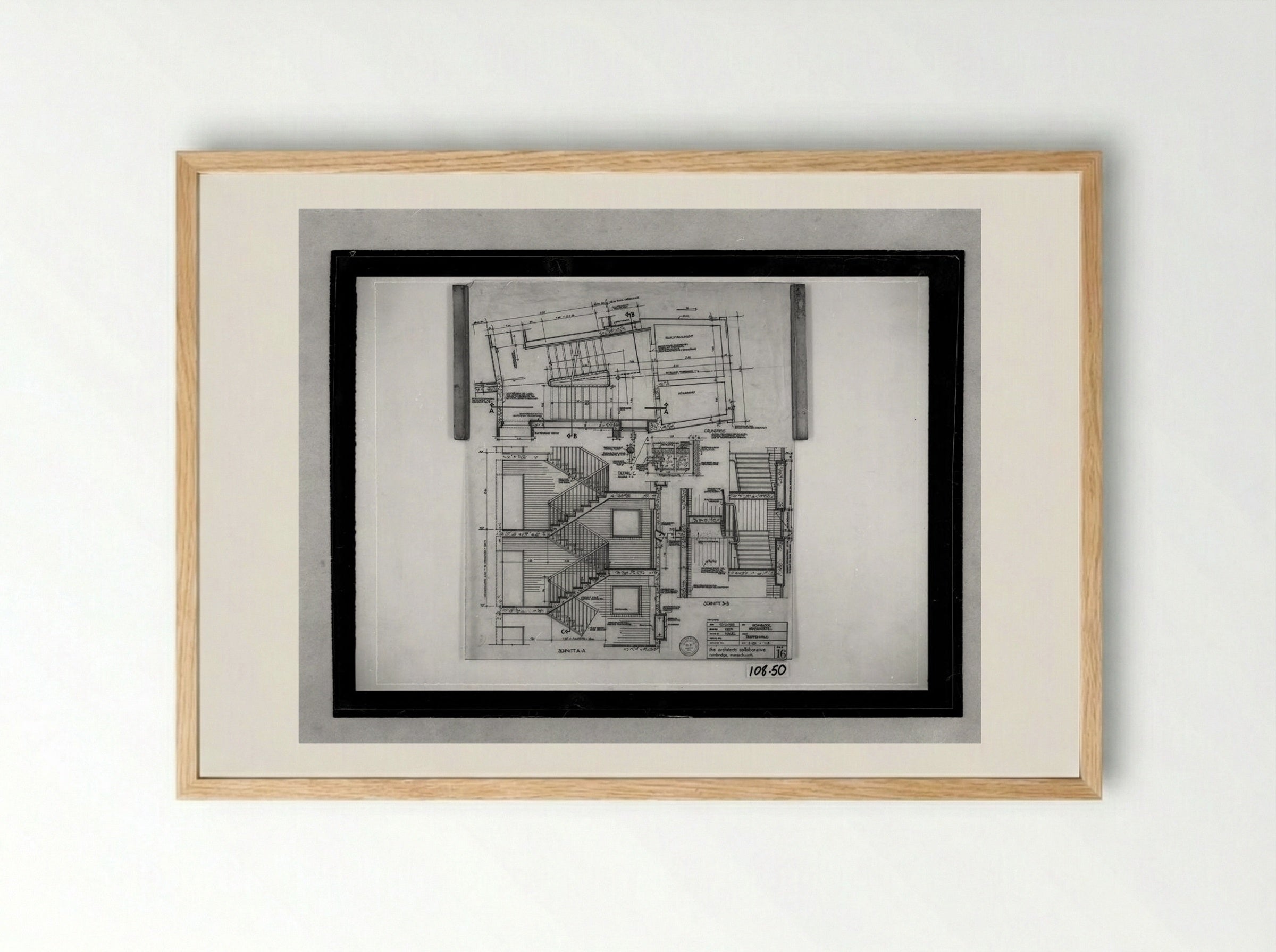Apartment House for Interbau Exhibition, Berlin-Hansaviertel: Staircase Plan and Sections - Walter Gropius - Framed Print Wood