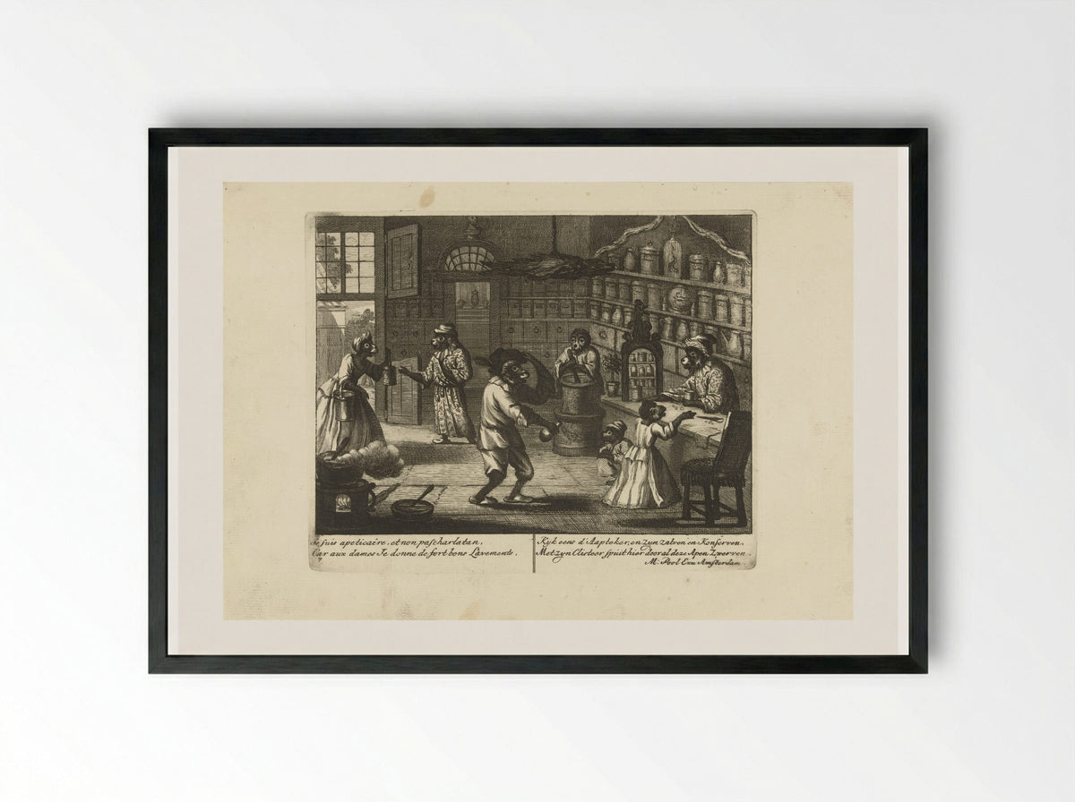 Apen als apotheker (Monkeys as Apothecaries) - Matthijs Pool - Framed Print Black