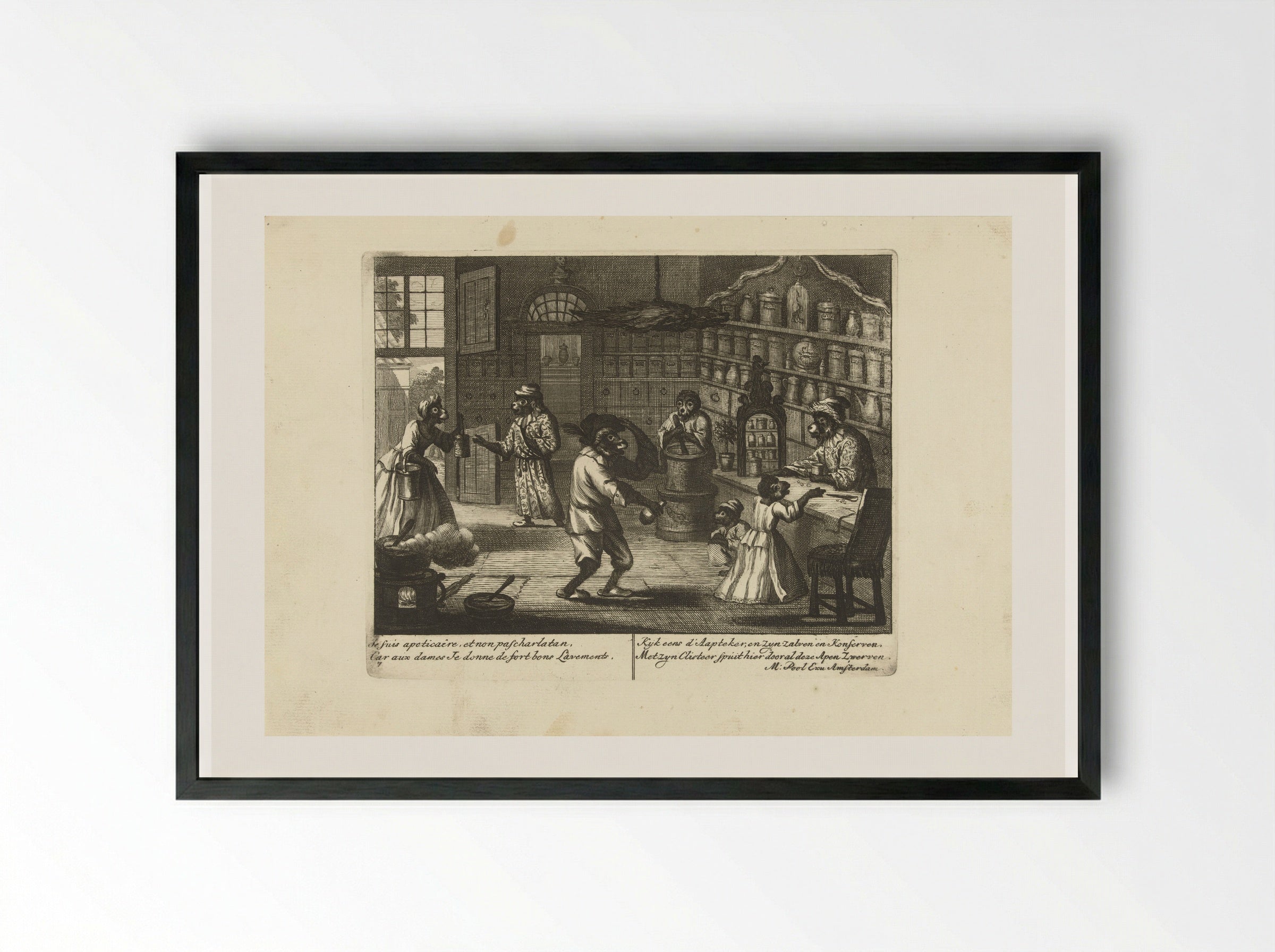 Apen als apotheker (Monkeys as Apothecaries) - Matthijs Pool - Framed Print Black