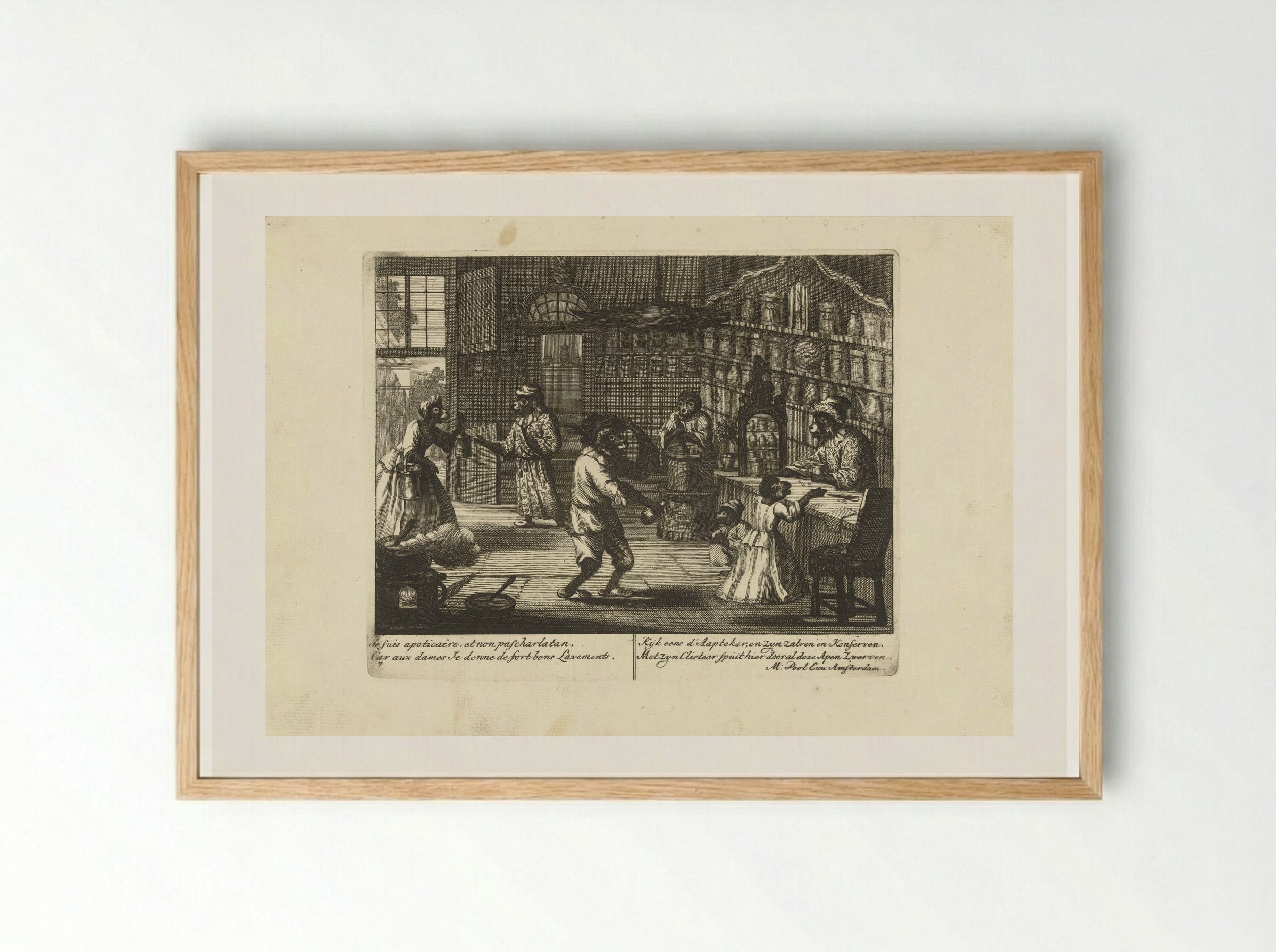 Apen als apotheker (Monkeys as Apothecaries) - Matthijs Pool - Framed Print Wood