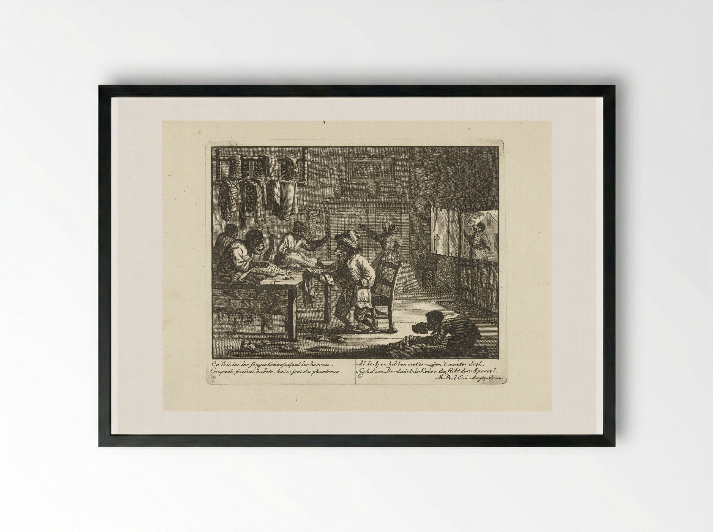 Apen als kleermakers (Monkeys as Tailors) - Matthijs Pool - Framed Print Black
