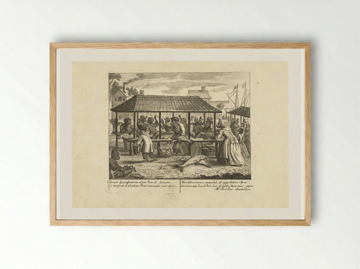 Apen op de vismarkt - Matthijs Pool - Framed Print Wood