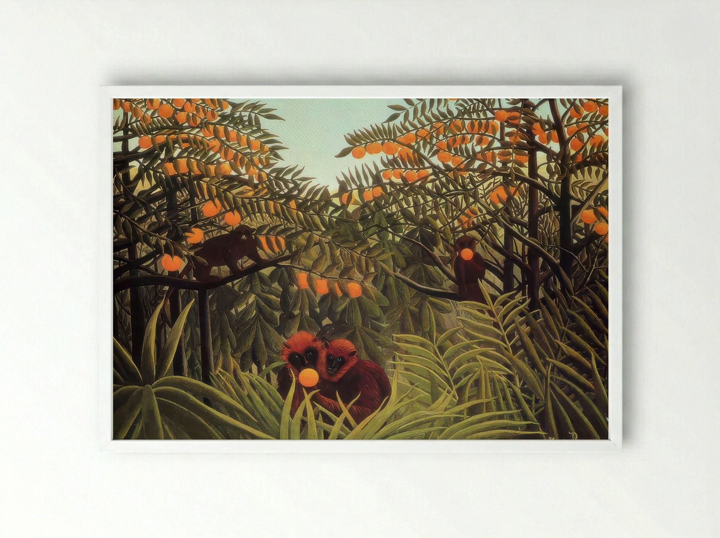 Apes in the Orange Grove by Henri Rousseau – Naïve Art Jungle Wildlife Print - Framed Print White