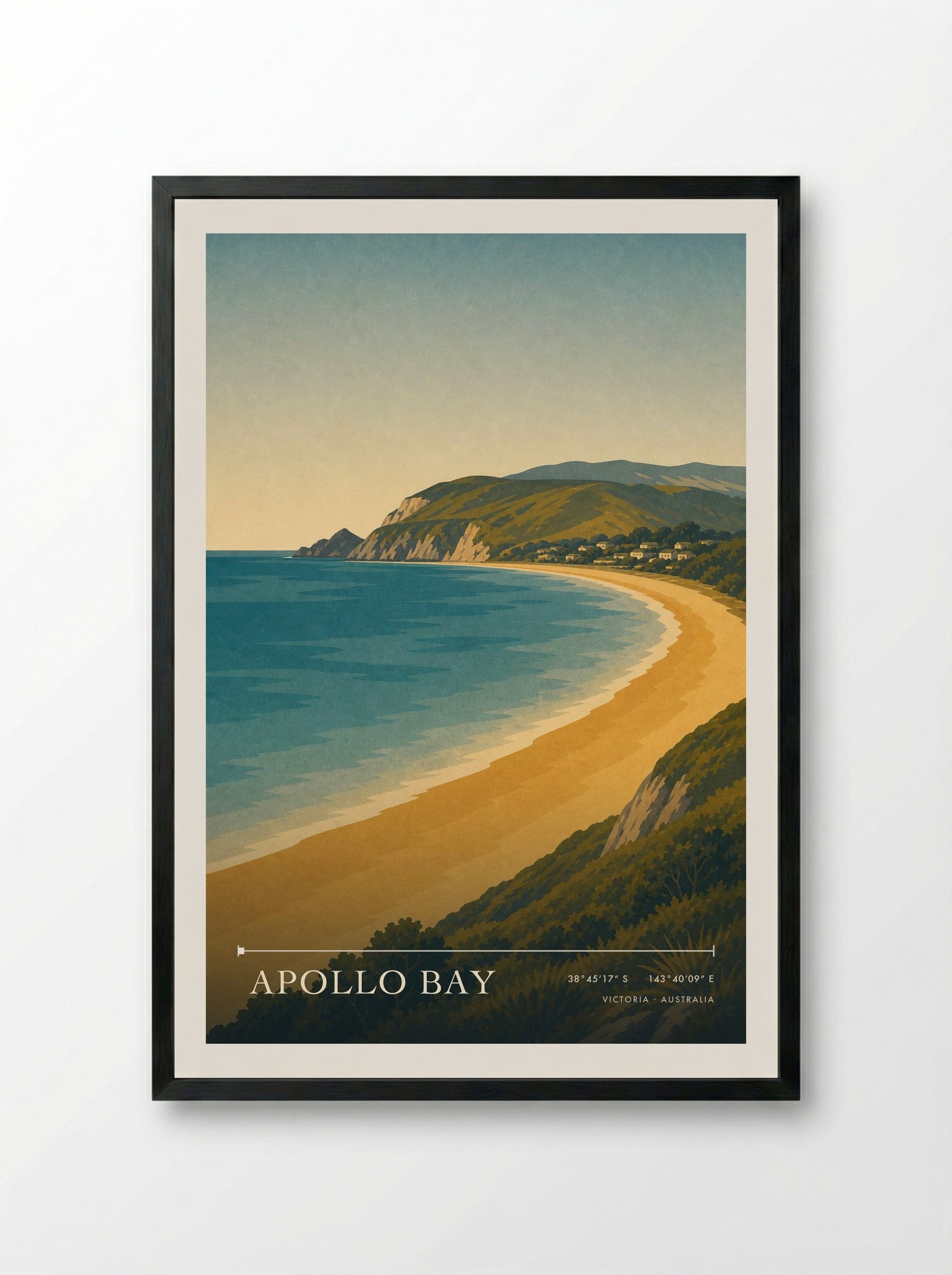 Apollo Bay Travel Poster Artwork - Framed Print Black