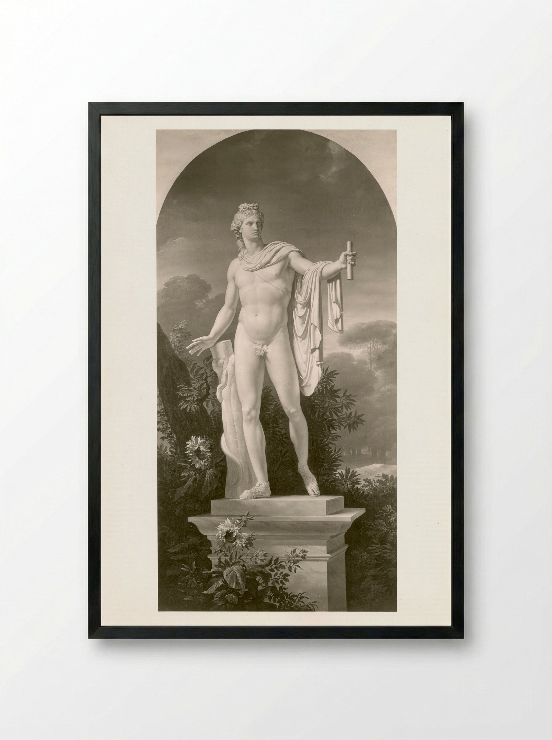 Apollo, God of Light, Eloquence, Poetry, and the Fine Arts with Urania, Muse of Astronomy - Charles Meynier - Framed Print Black