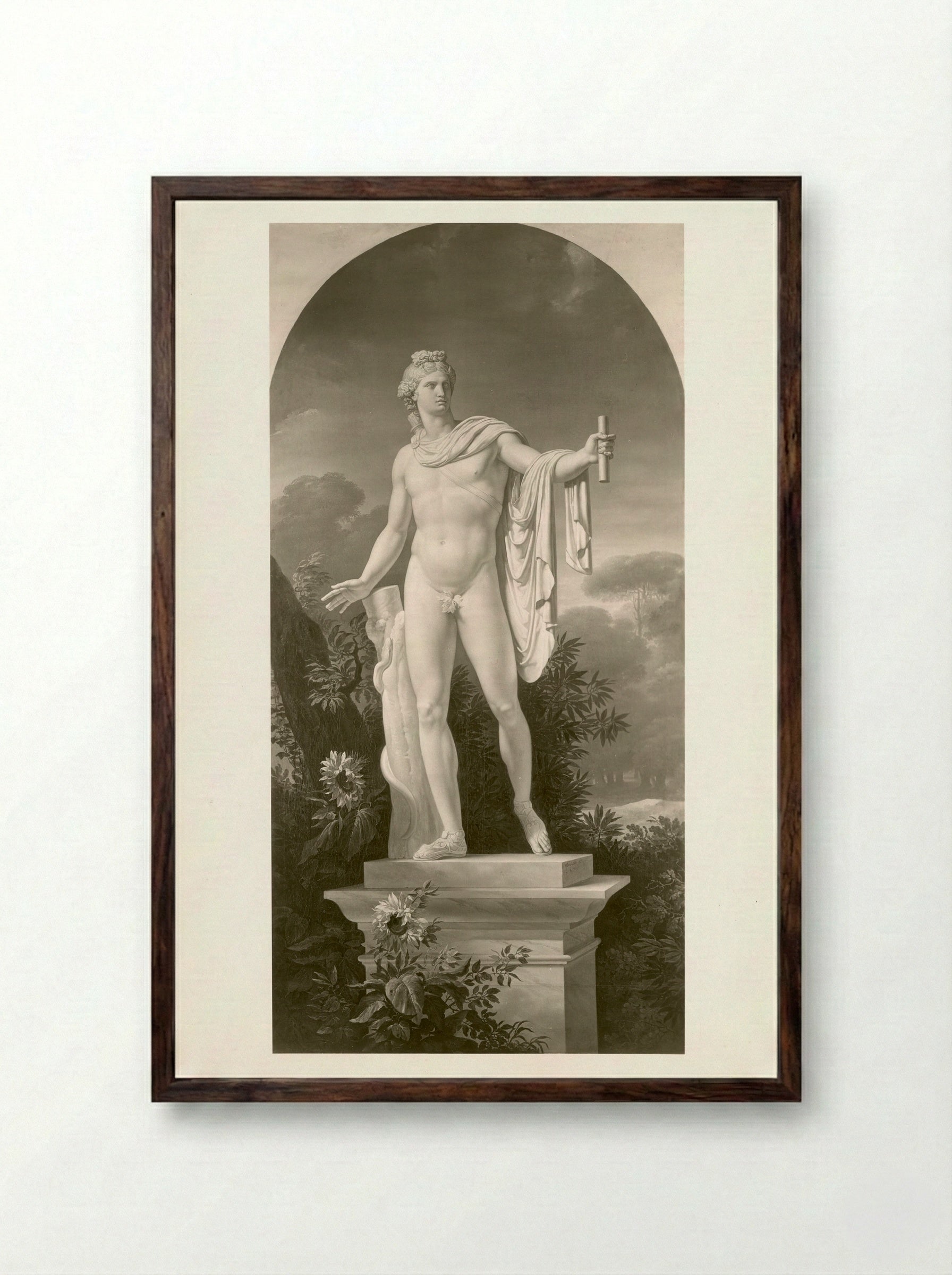 Apollo, God of Light, Eloquence, Poetry, and the Fine Arts with Urania, Muse of Astronomy - Charles Meynier - Framed Print Dark Wood