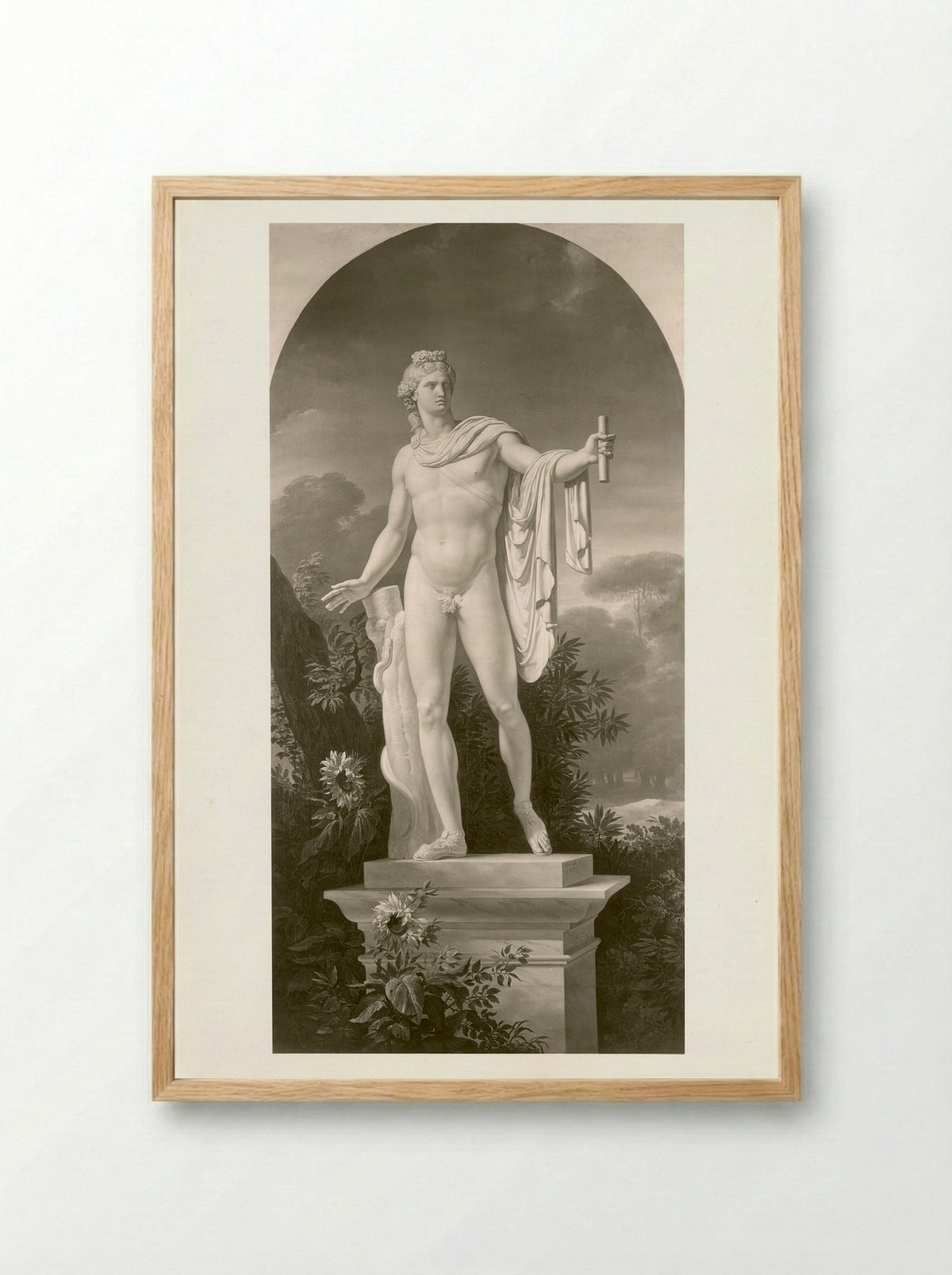 Apollo, God of Light, Eloquence, Poetry, and the Fine Arts with Urania, Muse of Astronomy - Charles Meynier - Framed Print Wood