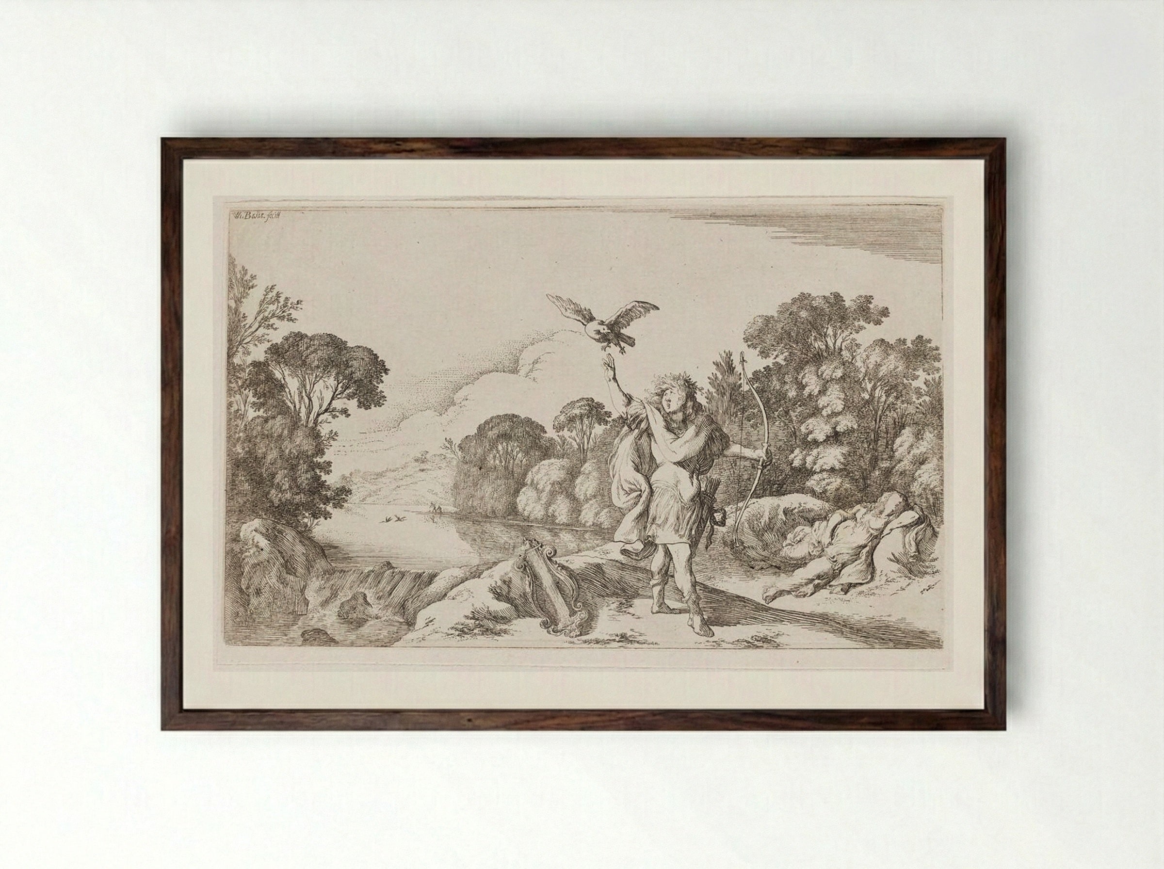 Apollo Kills Coronis, Suspecting that She Was Unfaithful - Johann Wilhelm Baur - Framed Print Dark Wood