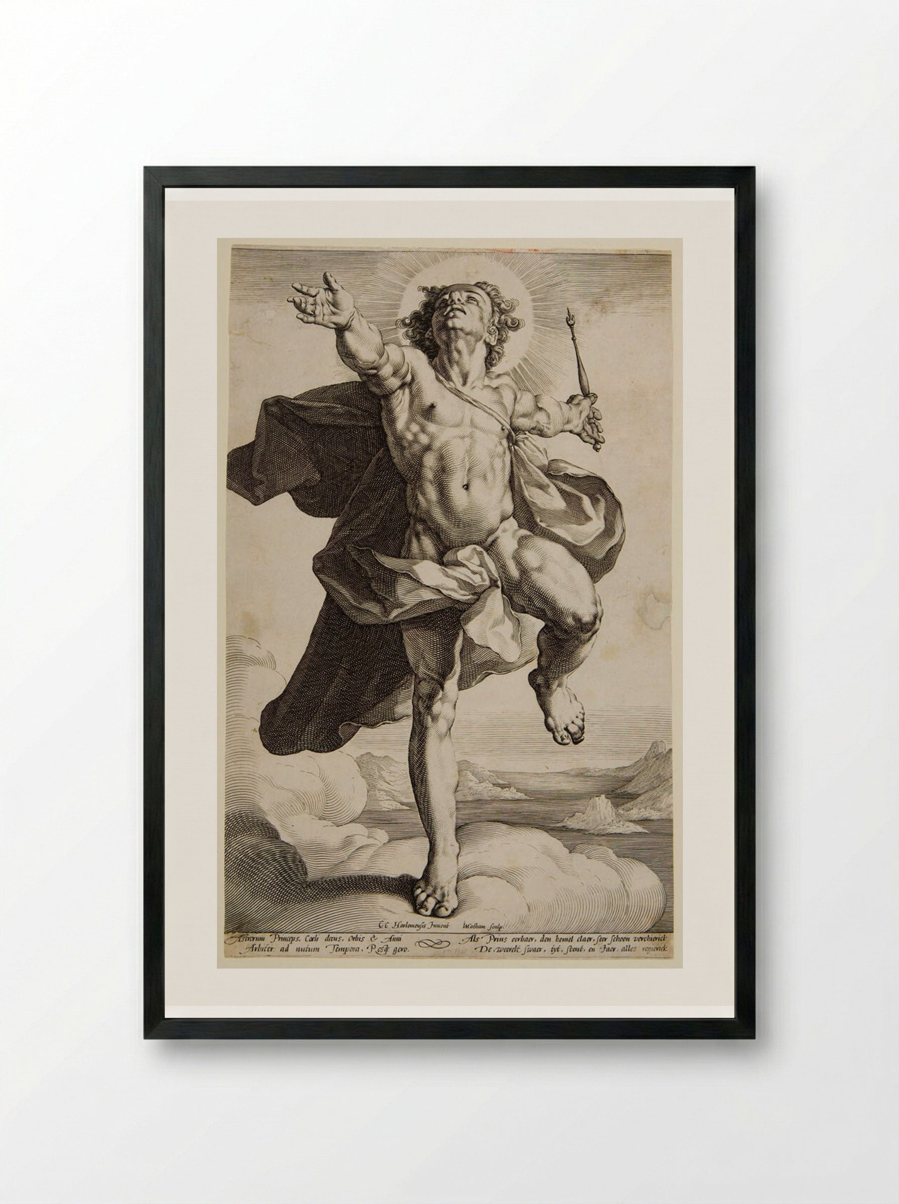 Apollo Standing on the Clouds - Jacob Matham - Framed Print Black