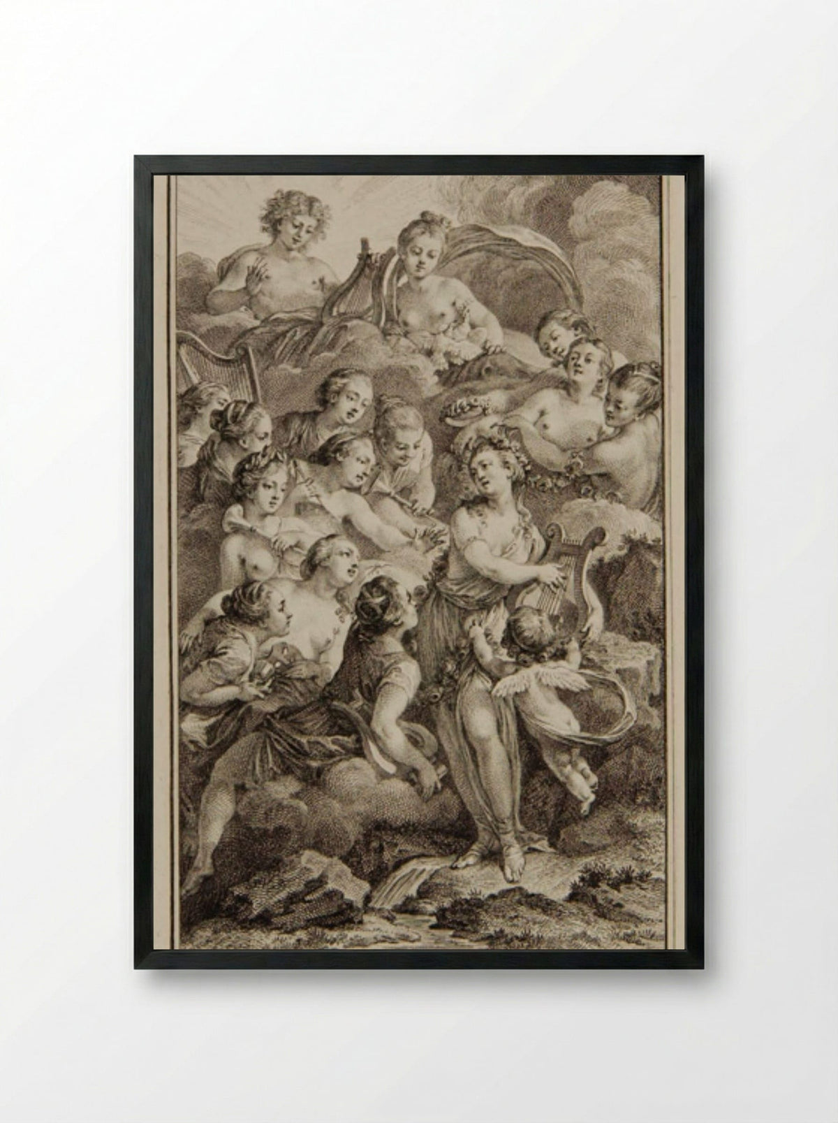 Apollo and Venus with the Muses and Graces - Augustin de Saint-Aubin - Framed Print Black