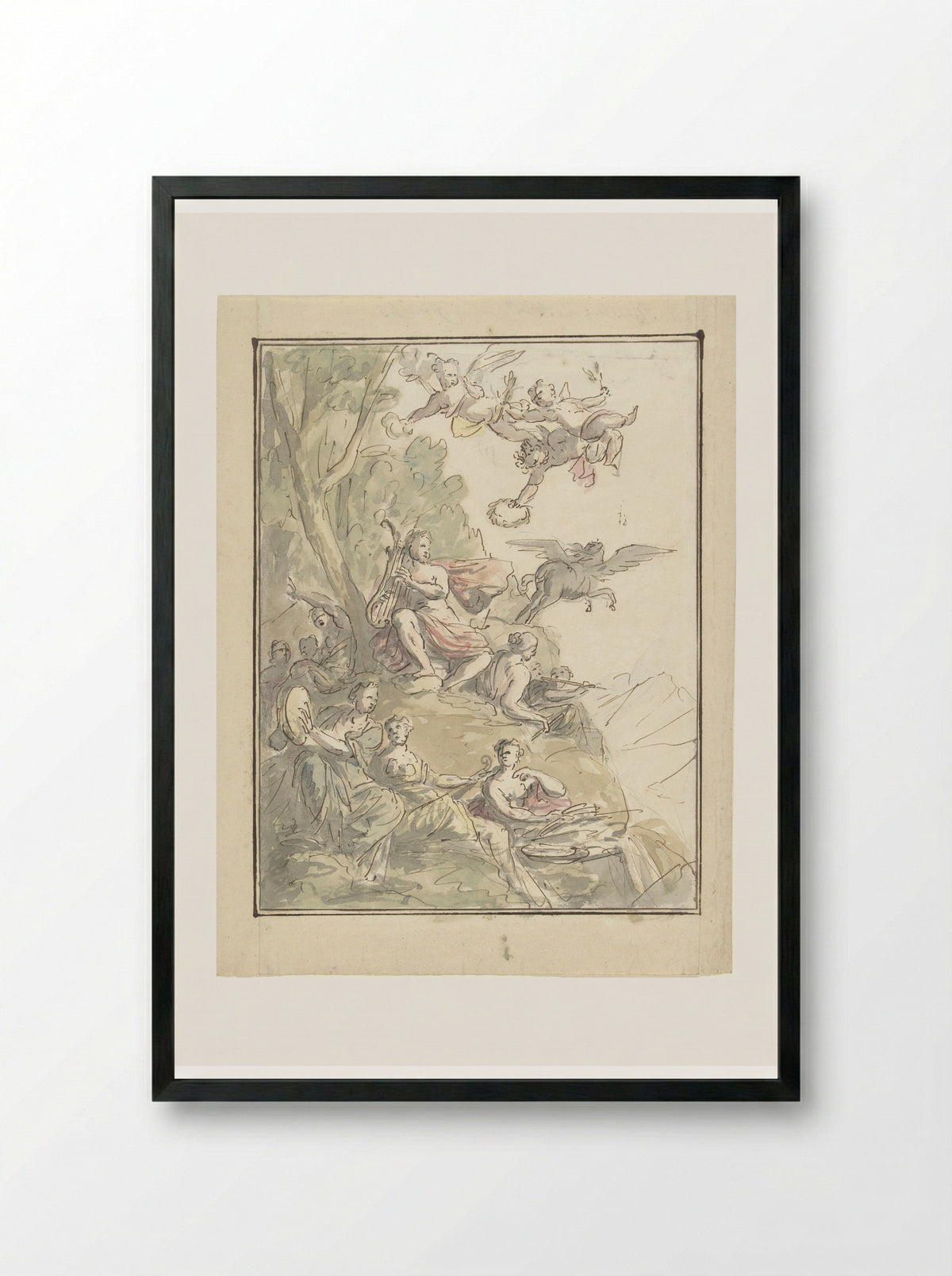 Apollo and the Muses on Mount Parnassus - Elias van Nijmegen - Framed Print Black