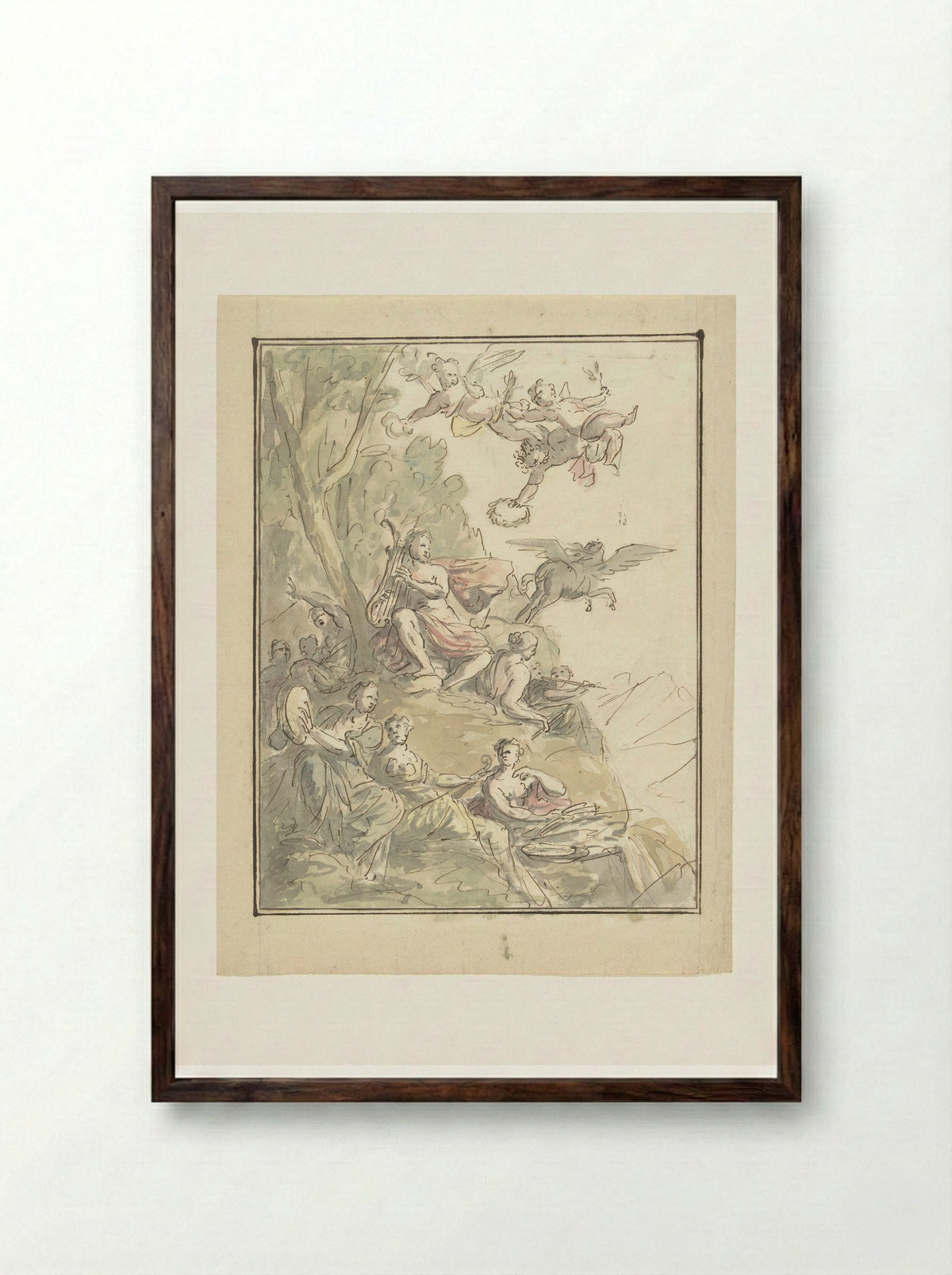 Apollo and the Muses on Mount Parnassus - Elias van Nijmegen - Framed Print Dark Wood