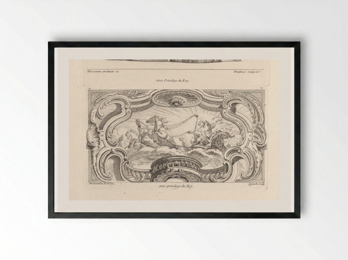 Apollo in his Chariot, within a Frame of Volutes and Rocaille - Gabriel Huquier - Framed Print Black