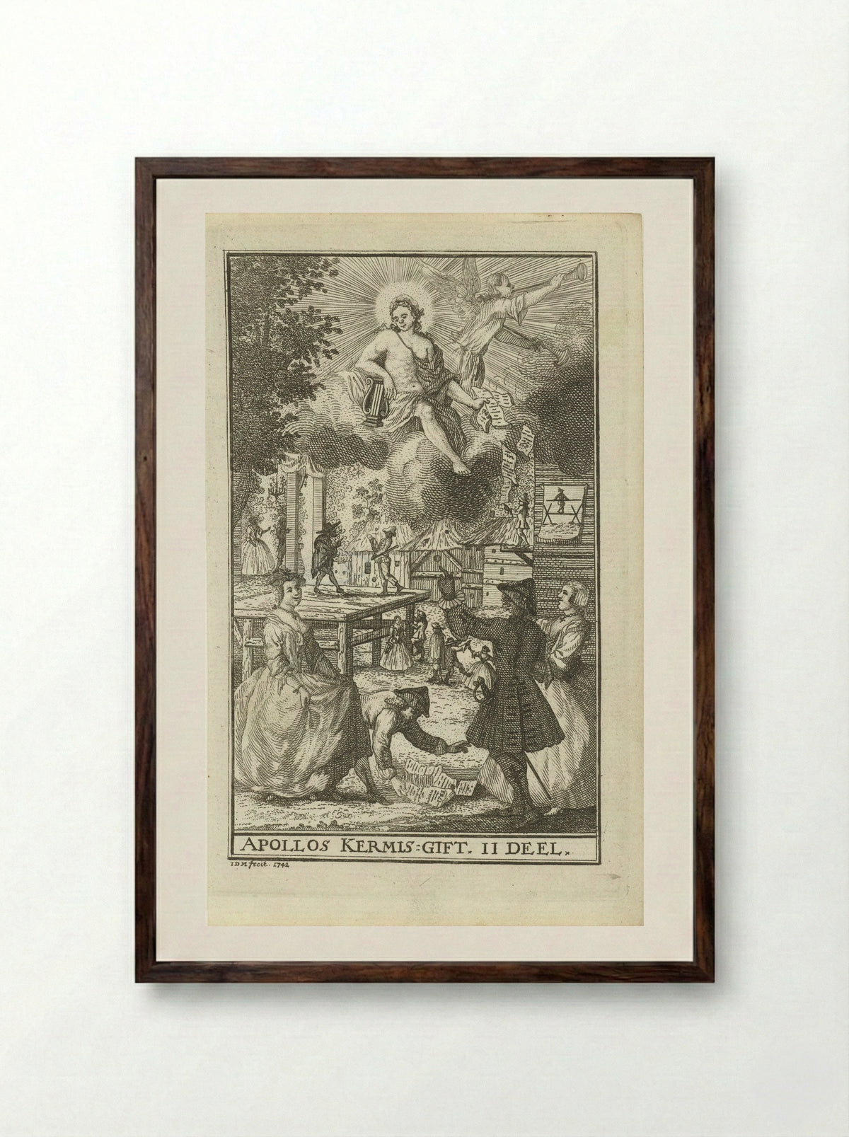 Apollo werpt gezangen naar figuren op een kermis - Jan van den Bergh - Framed Print Dark Wood